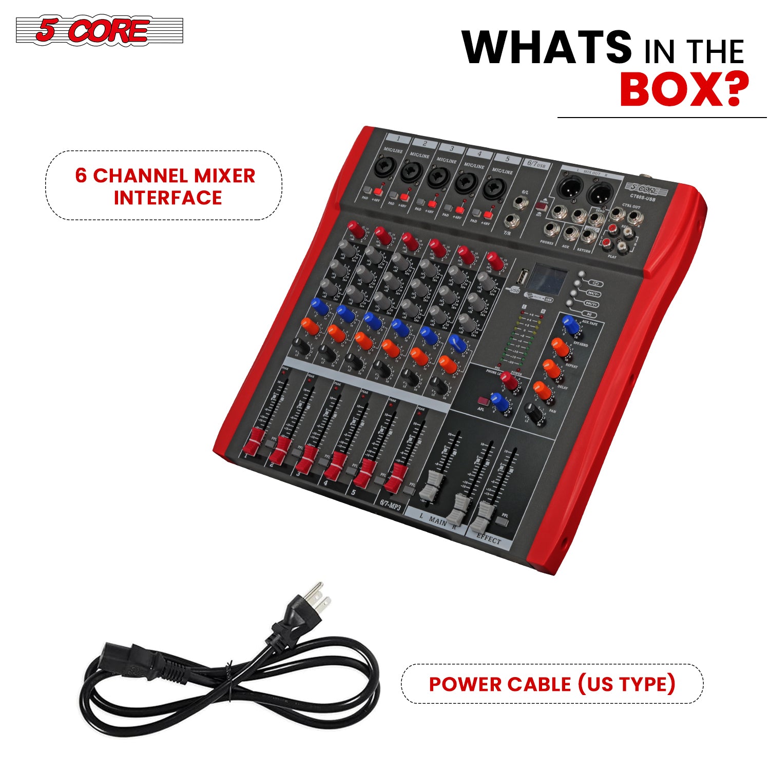 5 Core Audio Mixer 6 Channel DJ Equipment with Bluetooth USB Sound Board Console