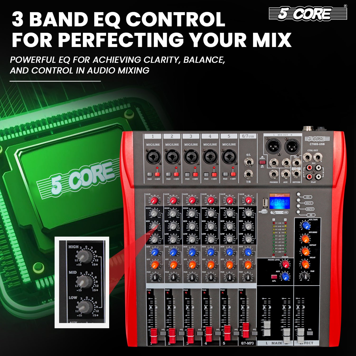 5 Core Audio Mixer 6 Channel DJ Equipment with Bluetooth USB Sound Board Console