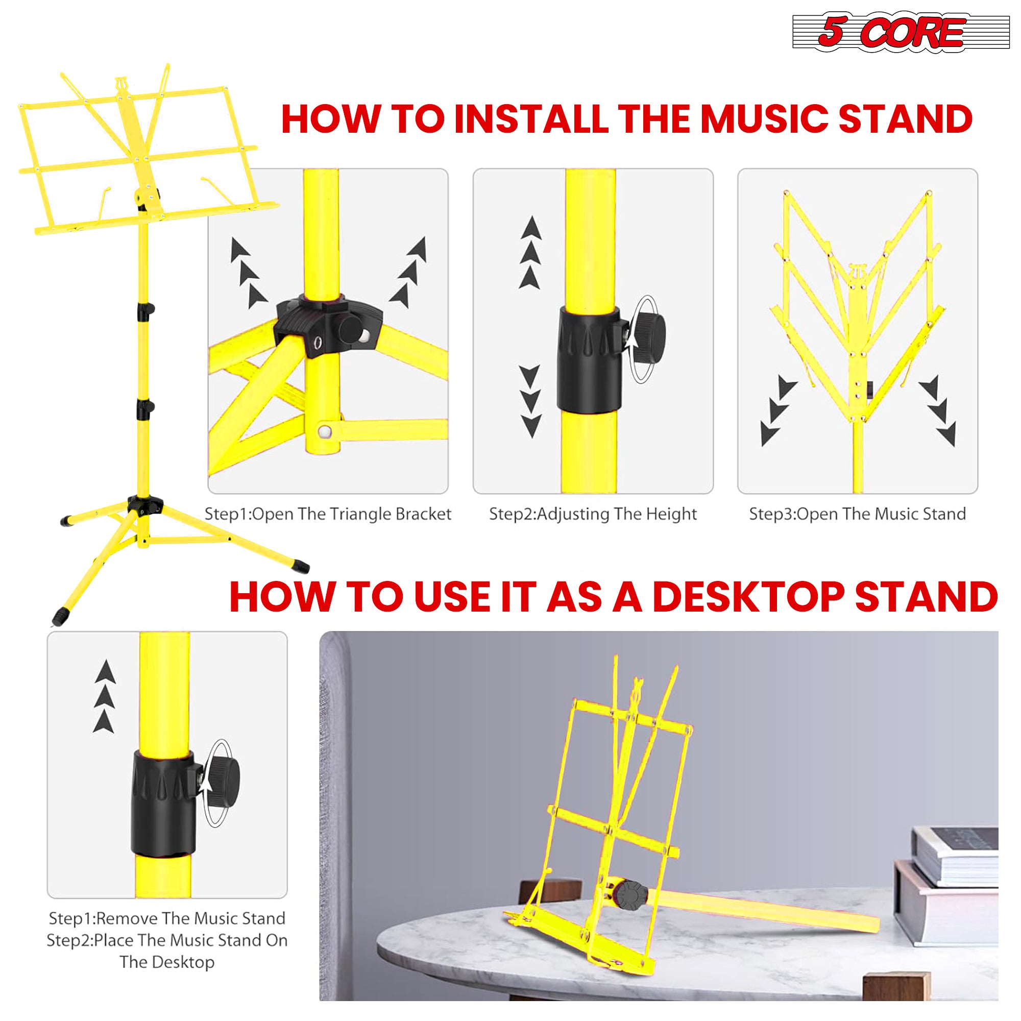 5Core Music Stand For Sheet Music Portable Tripod Adjustable Folding Note Holder YELLOW