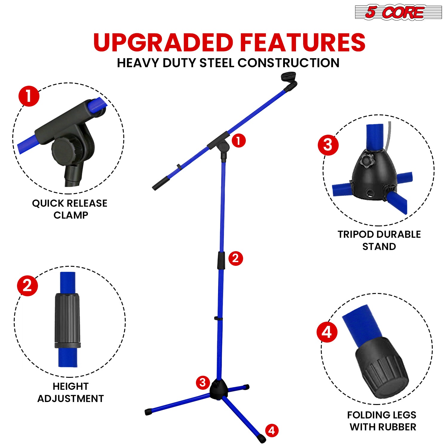 5Core Tripod Mic Stand Heavy Duty Adjustable Holder Floor Microphone Boom Arm DARK BLUE