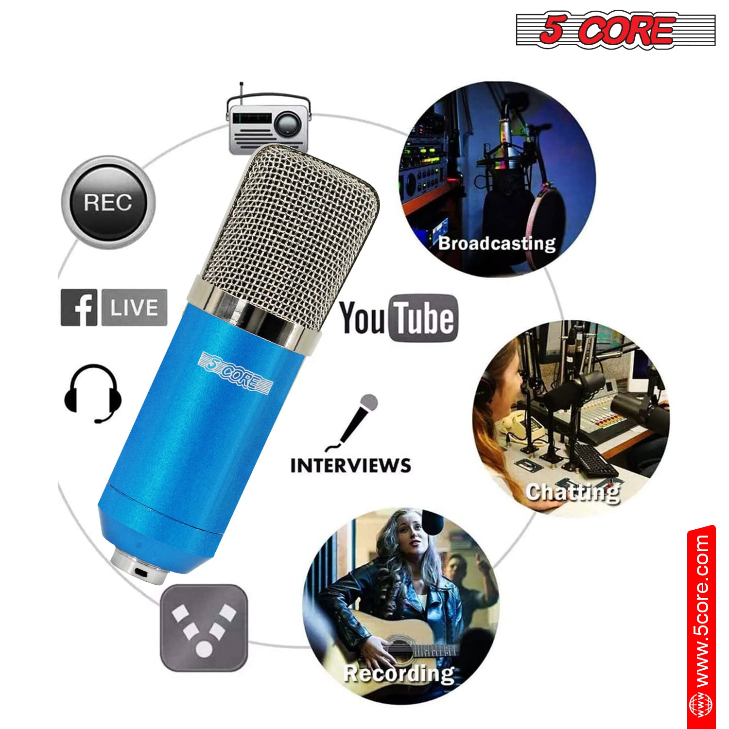 5Core Recording Microphone Podcast Bundle Professional Condenser Cardioid Mic Kit w Desk Stand BLUE