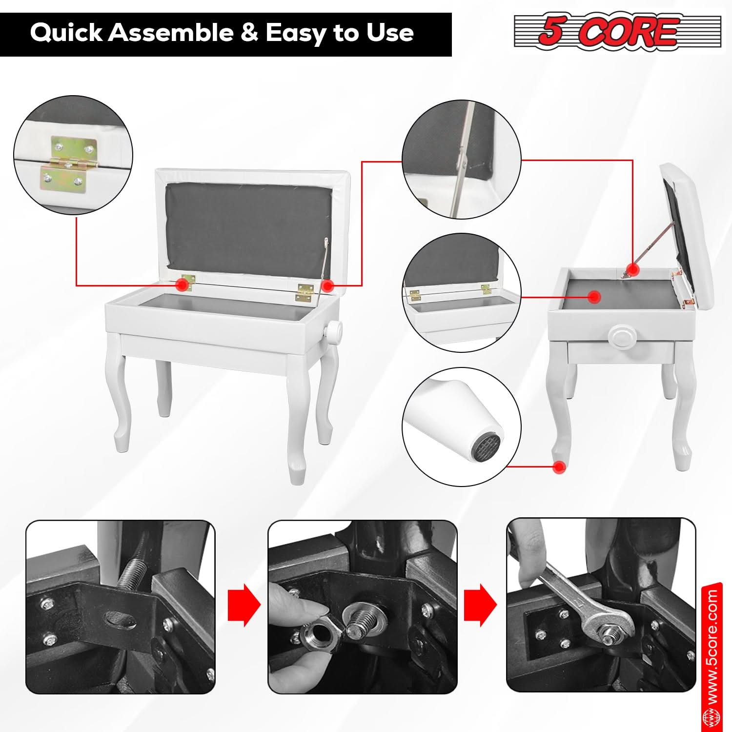 5 Core Piano Bench Wooden Height Adjustable Stool Heavy Duty Keyboard Seat with Storage WHITE