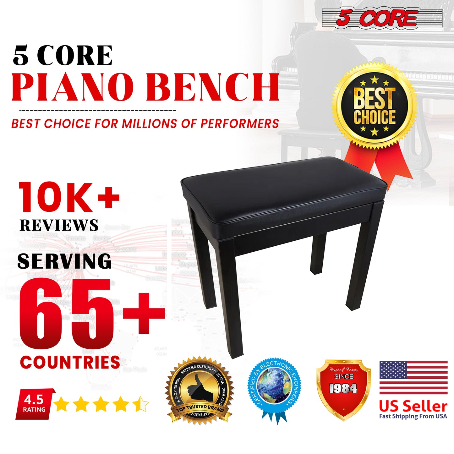 5 Core Piano Keyboard Bench Black/ Metal Piano Seat with 2.5-inch Comfortable Memory FoamPadding/ Multipurpose Stool Chair Seat with 400lb Weight Capacity-PNB BLK IRON
