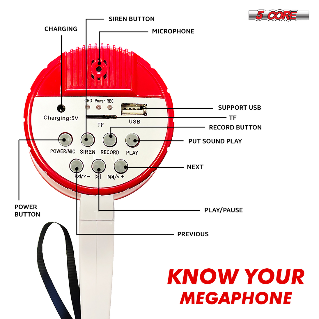 Rechargeable battery-powered bullhorn ensures long-lasting, powerful sound for any event or crowd control.