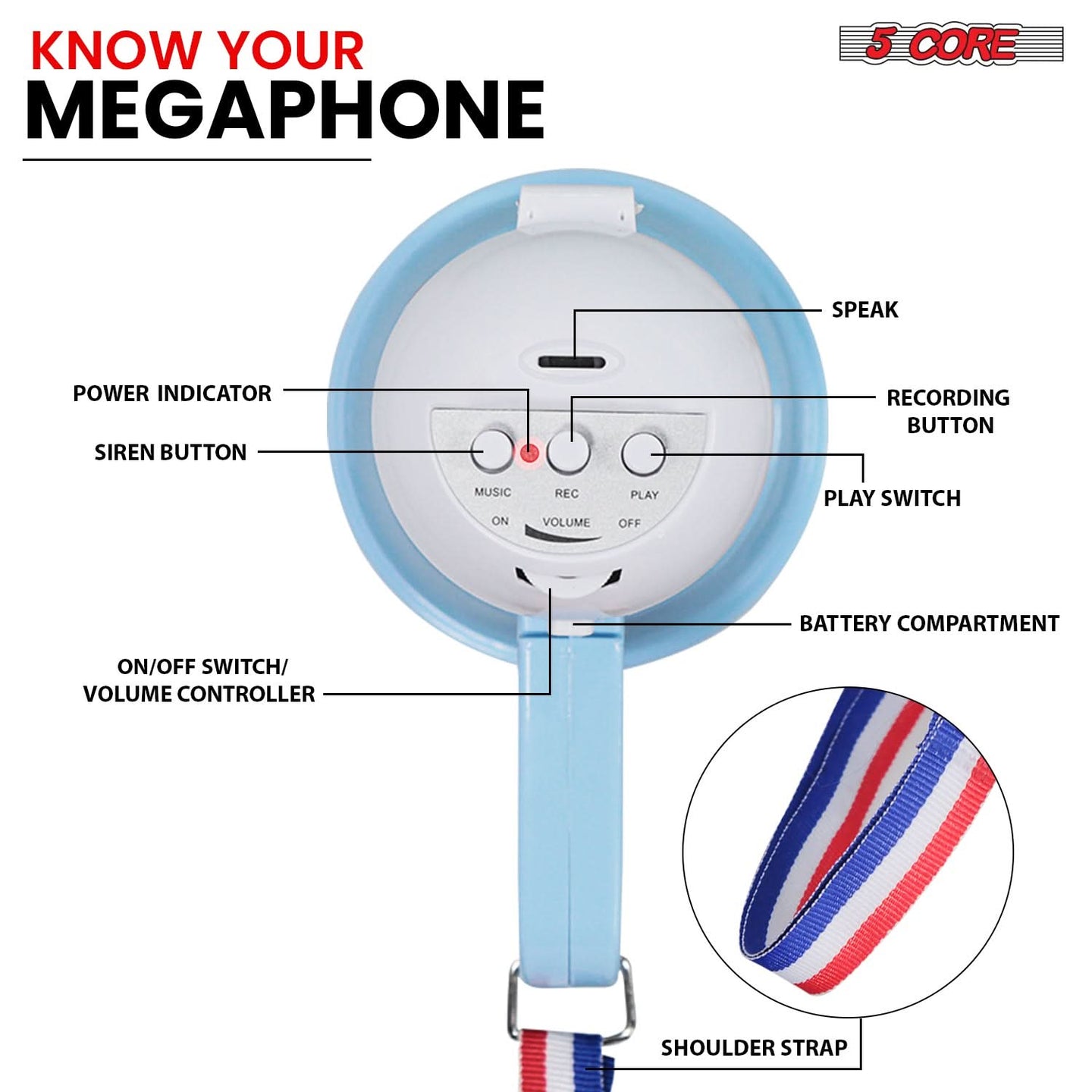 Megaphone with labeled buttons and easy-to-use controls, complete with a comfortable shoulder strap for portability.