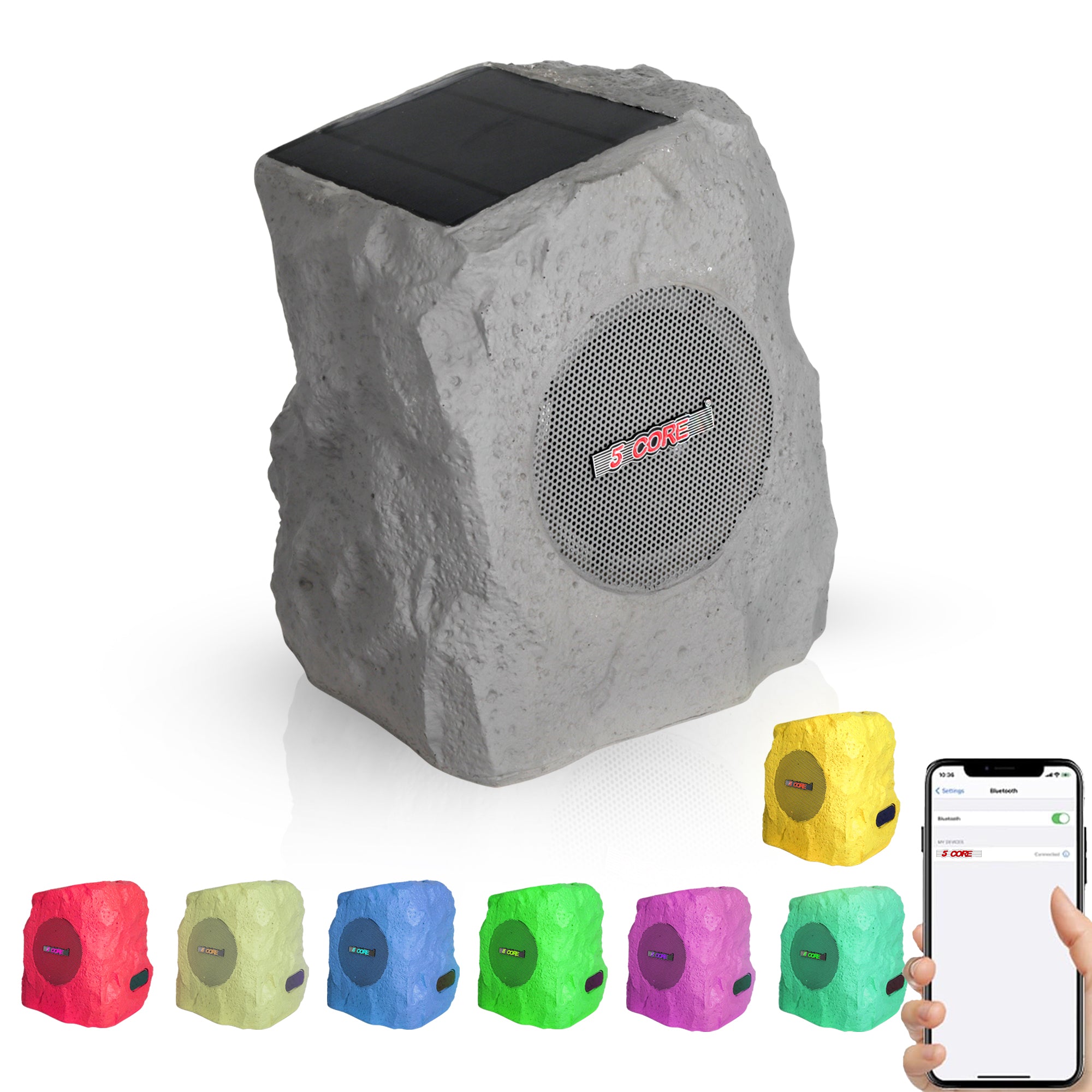 5 Core Outdoor Bluetooth Wireless Rock Speaker TWS Patio Garden Speakers Rechargeable Solar LED
