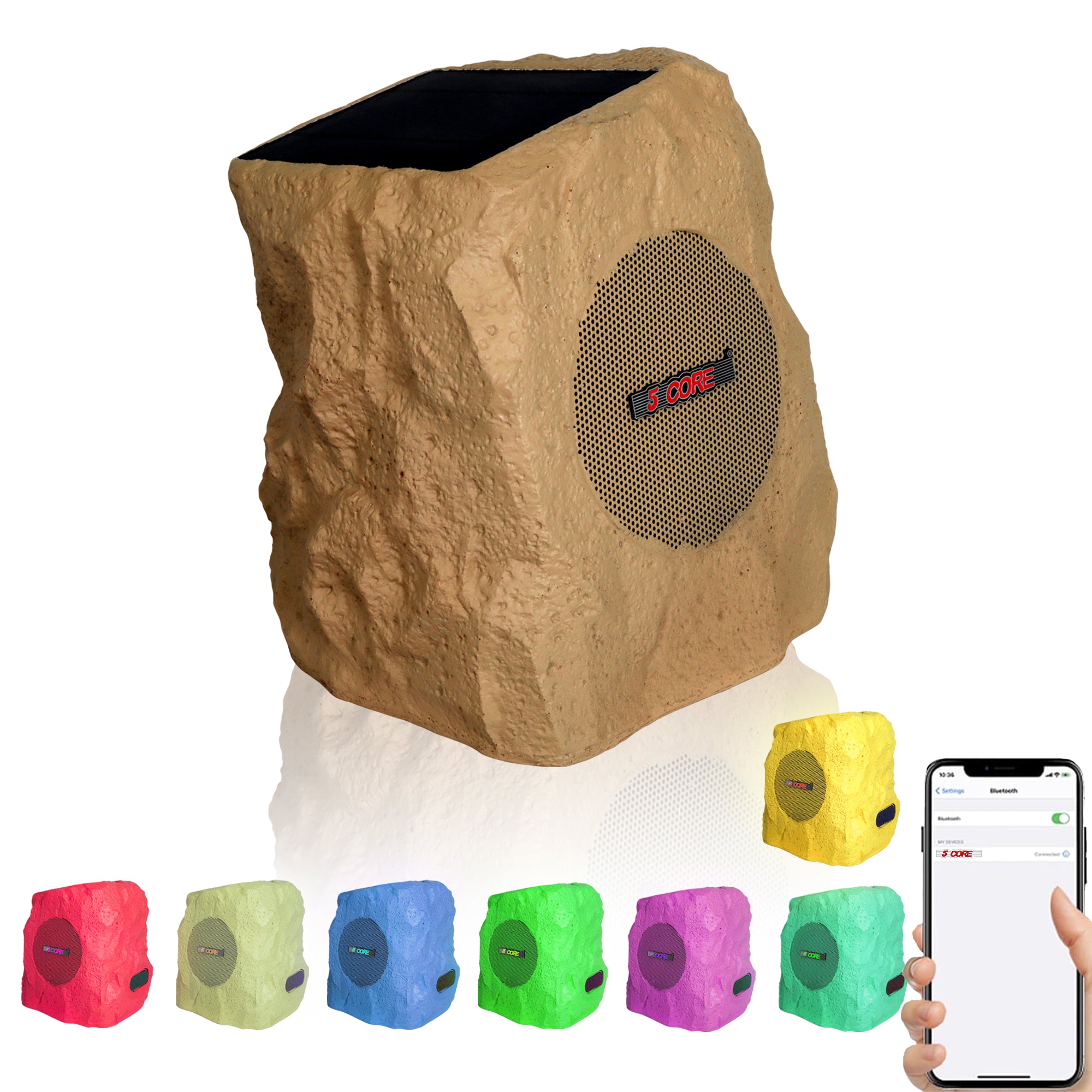 5 Core Outdoor Bluetooth Wireless Rock Speaker TWS Patio Garden Speakers Rechargeable w LED 1/2/4 Pc Brown