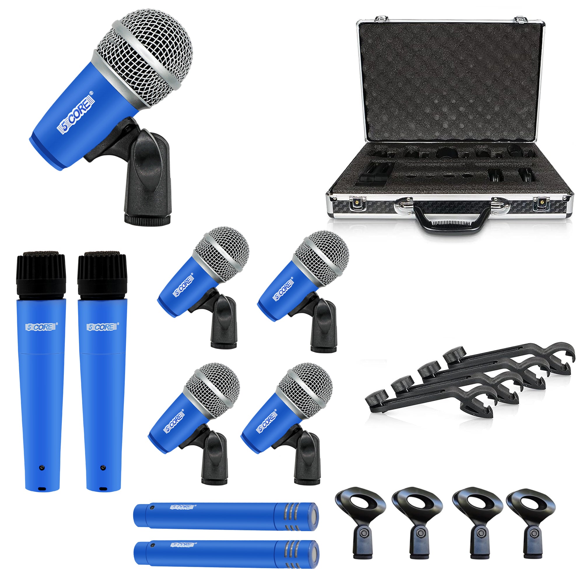 5 Core Drum Microphone Kit 9 Piece Wired Full Metal Dynamic Wired drums Mic Set for Drummers w/ Kick Bass Tom Snare + Silver Carrying Case Sponge & Thread Holder for Vocal & Other Instrument - DM 9RND BLU