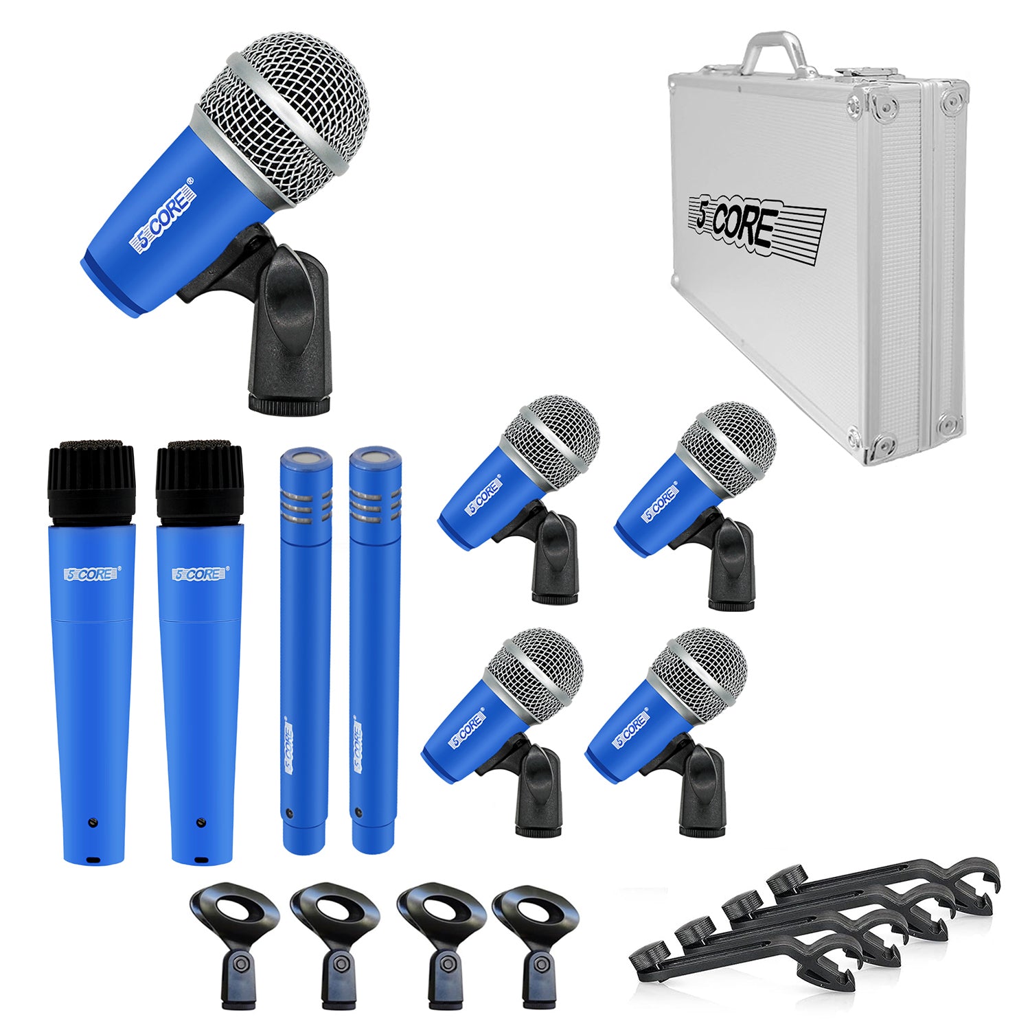 5 Core Drum Mic Kit 9 Piece Drumset Wired Dynamic Microphone Kick Bass, Tom/Snare & Cymbals Set