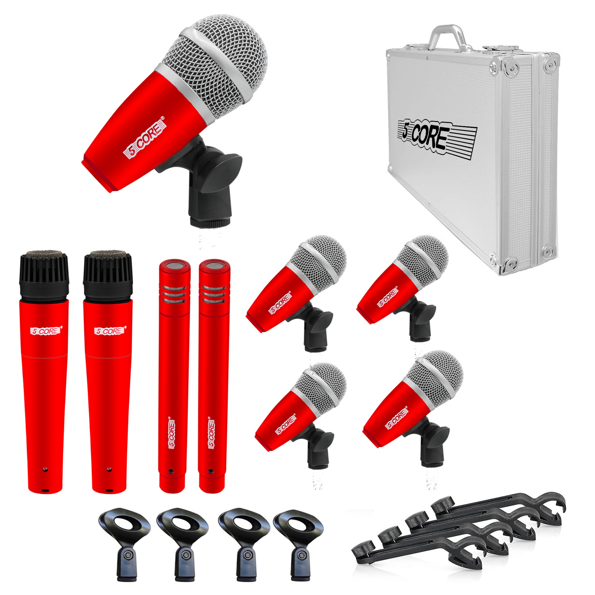 5 Core Drum Microphone Kit 9 Piece Wired Full Metal Dynamic Wired drums Mic Set for Drummers w/ Kick Bass Tom Snare + Silver Carrying Case Sponge & Thread Holder for Vocal & Other Instrument - DM 9RND RED