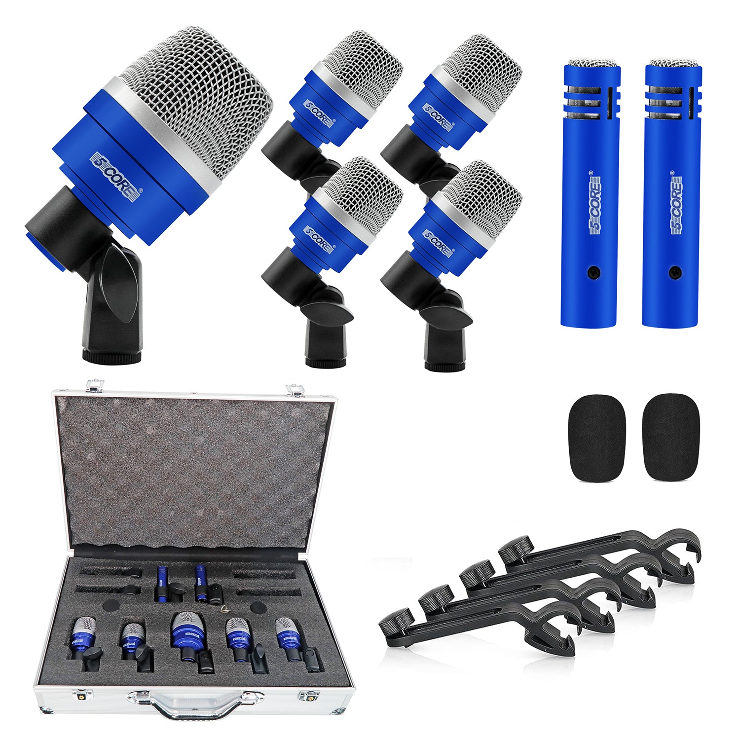 5 Core Drum Mic Kit 7 Piece Dynamic XLR Kick Bass Tom Snare Microphone Set for Drummers Blue