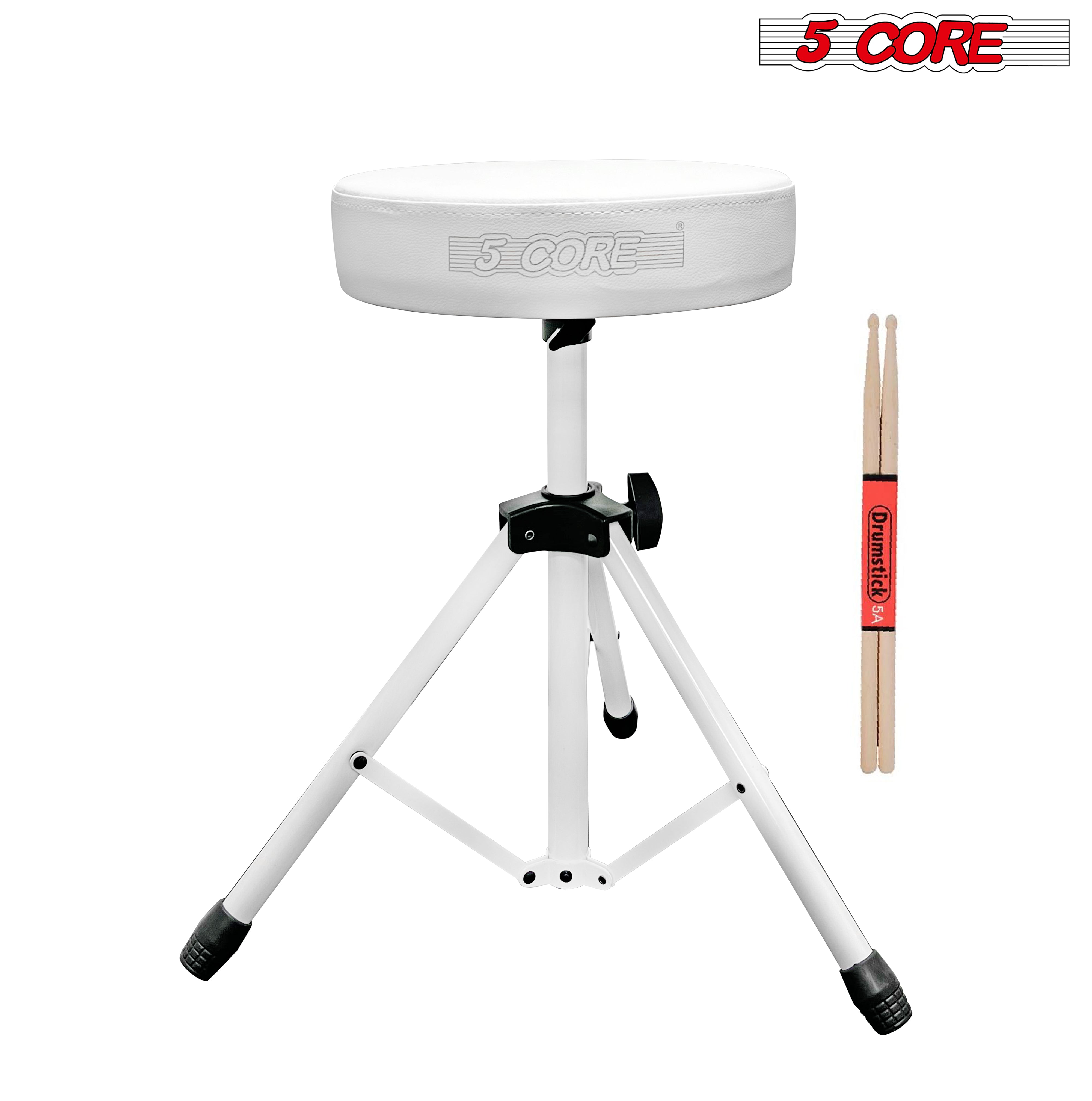 5 Core Drum Throne Height Adjustable Guitar Stool Thick Padded Drummer Percussion Whitew/ DrumStick
