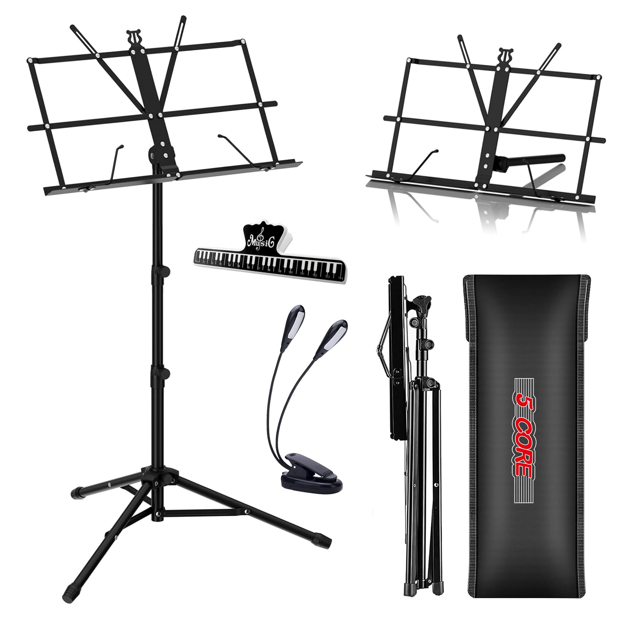 5 Core Sheet Music Stand Height Adjustable • Portable Foldable Music Note Holder w Music Clip