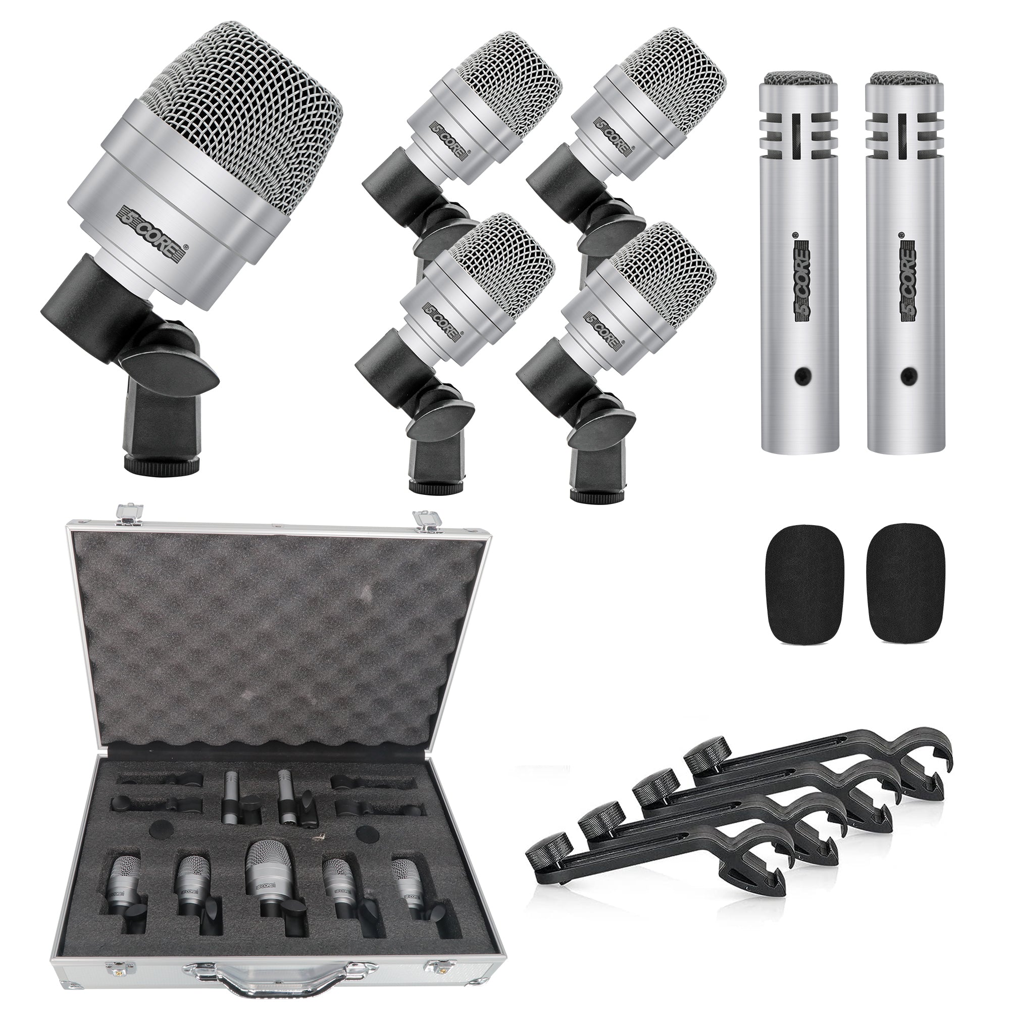 5 CORE 7 Piece Silver Drum Microphone Kit Wired Dynamic XLR Mics Kick Bass Tom Snare and Cymbals Microphones Set for Drums