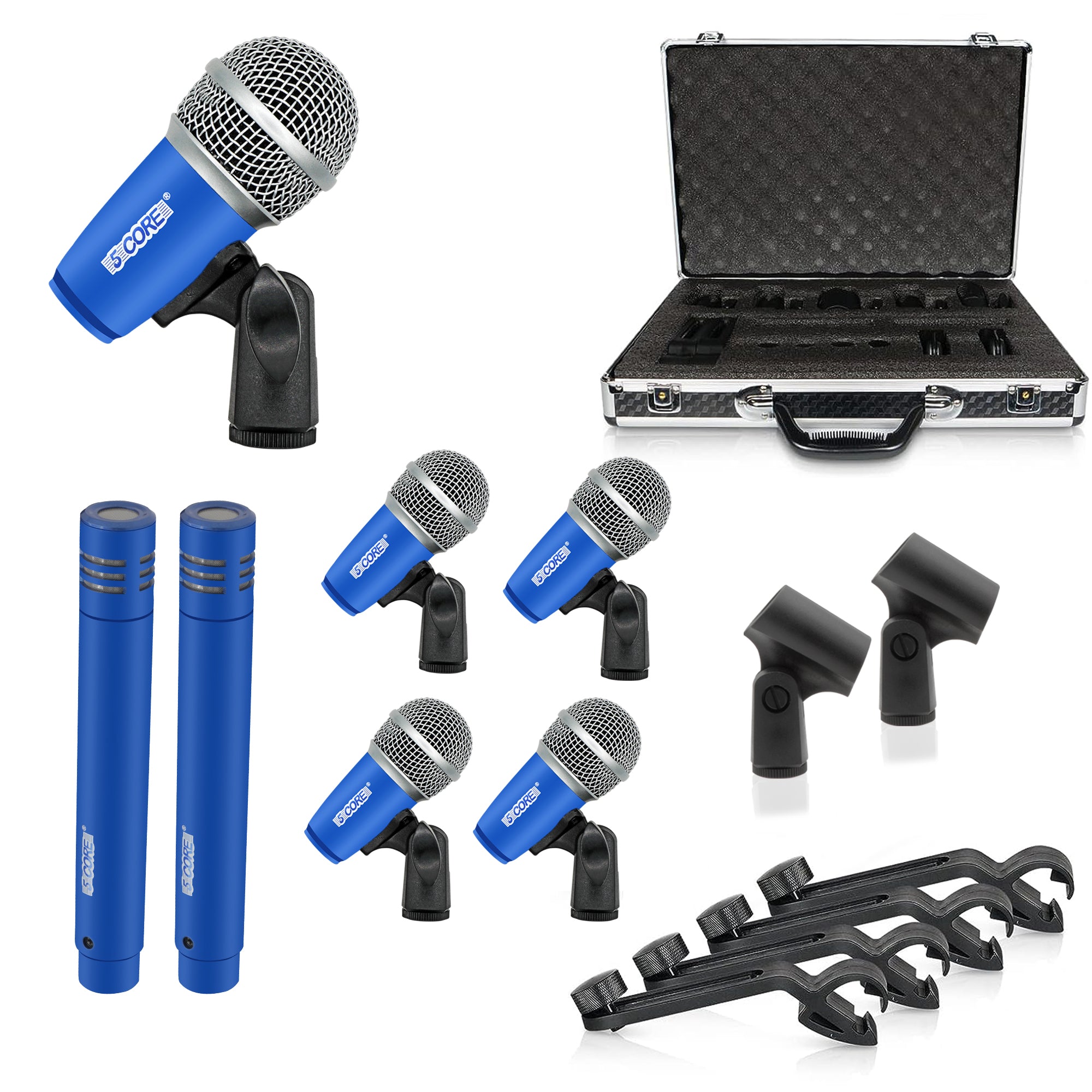 5 Core Drum Microphone Kit 7 Piece Wired Full Metal Dynamic Wired drums Mic Set for Drummers w/ Kick Bass Tom Snare + Silver Carrying Case Sponge & Thread Holder for Vocal & Instrument - DM 7RND BLU