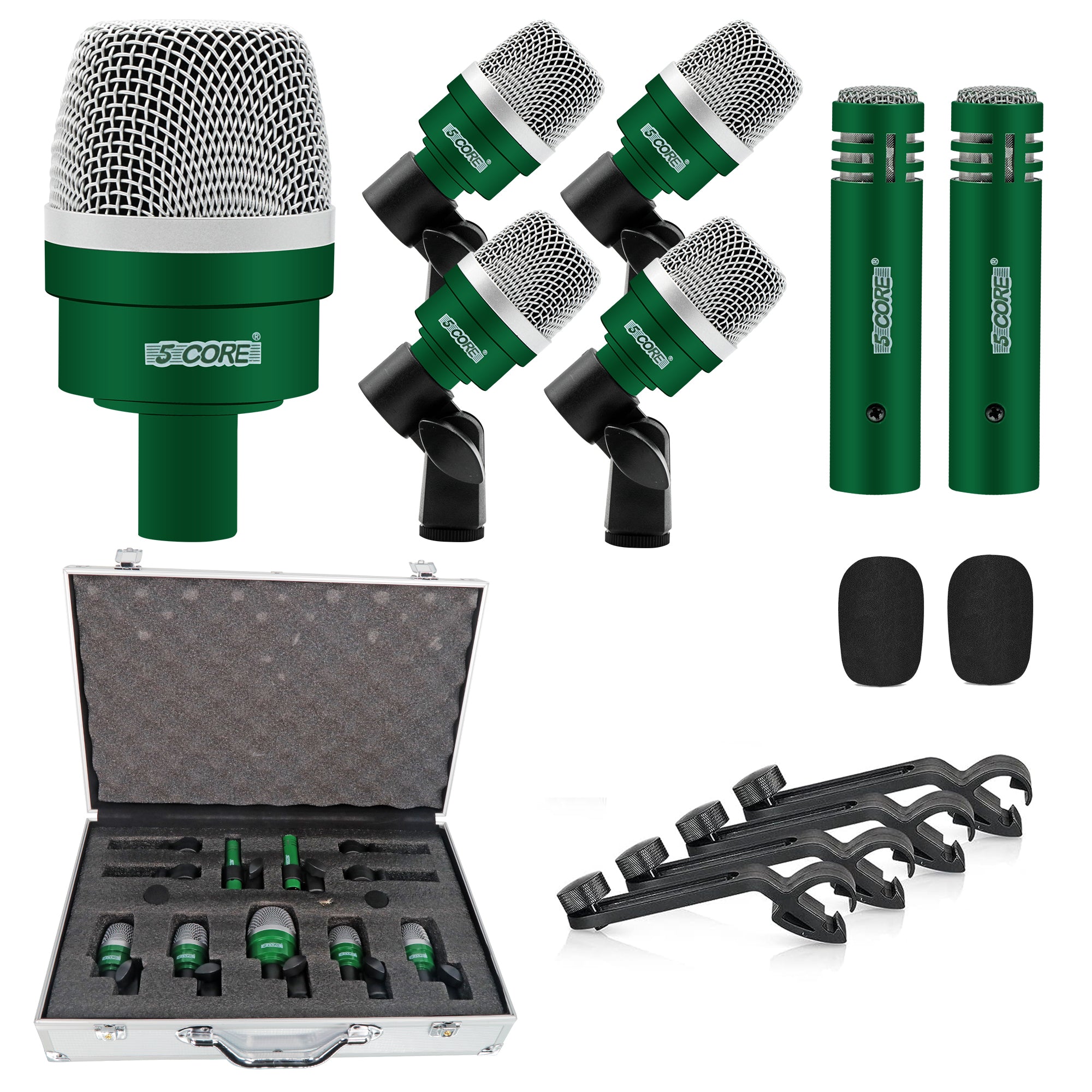 5 CORE 7 Piece Green Drum Microphone Kit Wired Dynamic XLR Mics Kick Bass Tom Snare and Cymbals Microphones Set for Drums