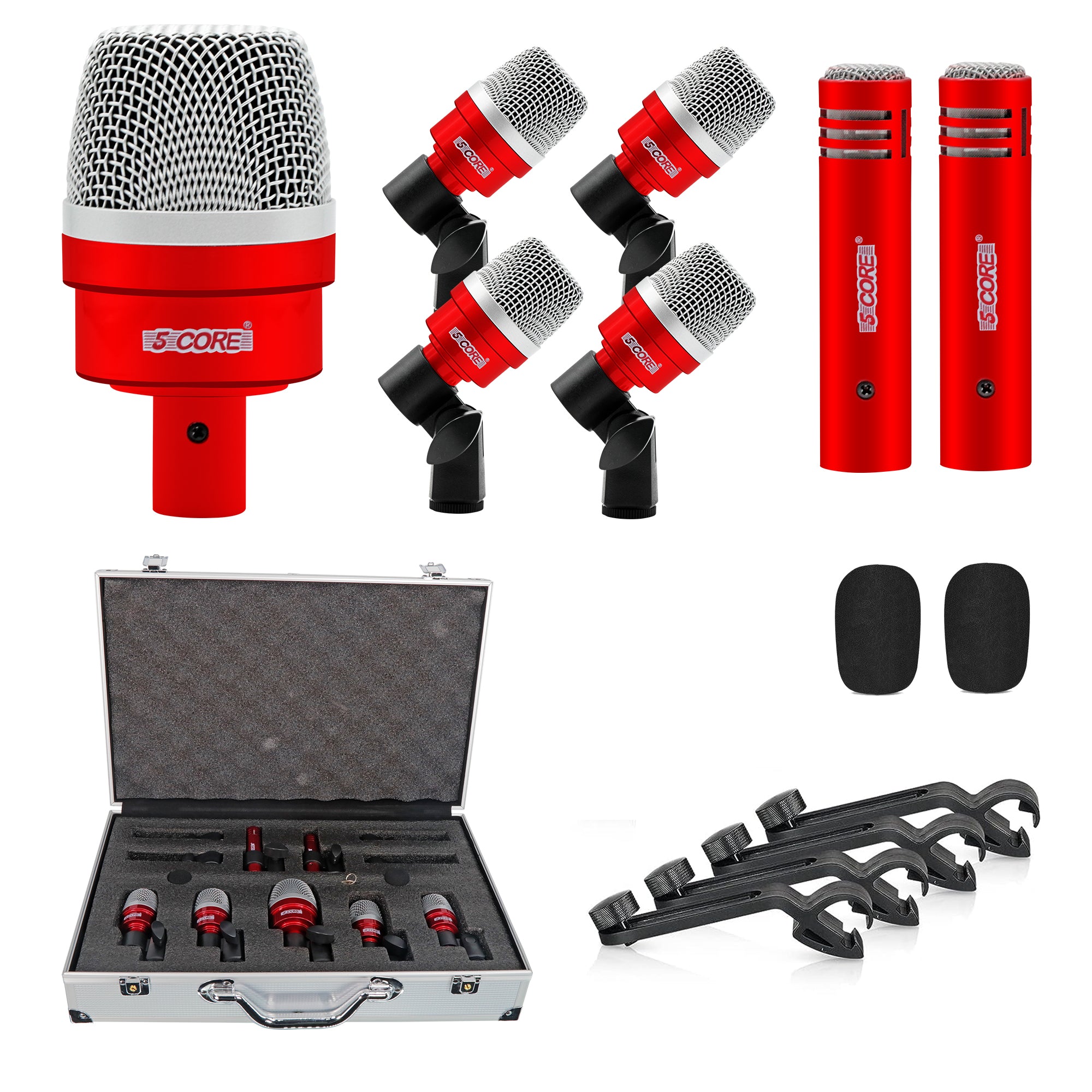 5 CORE 7 Piece Red Drum Microphone Kit Wired Dynamic XLR Mics Kick Bass Tom Snare and Cymbals Microphones Set for Drums