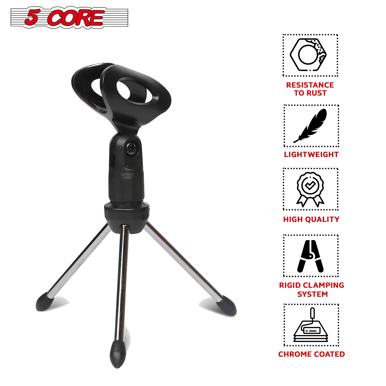 5 Core Mini Tripod Desktop Microphone Stand with Clip for Wired Mics Collapsible Legs Shockproof Easy To Store Adjustable Angle for Podcasts Online Chat Lectures Streaming -MINI TRIPOD MIC STAND