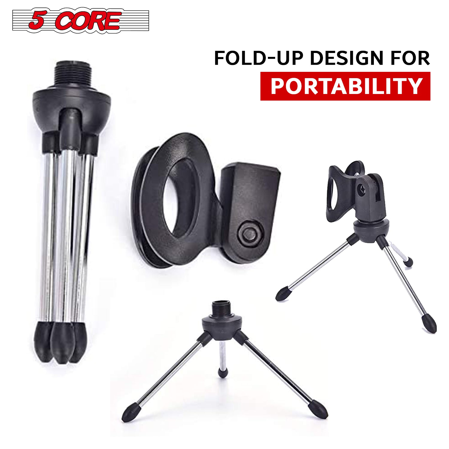 5 Core Mini Tripod Desktop Microphone Stand with Clip for Wired Mics Collapsible Legs Shockproof Easy To Store Adjustable Angle for Podcasts Online Chat Lectures Streaming -MINI TRIPOD MIC STAND