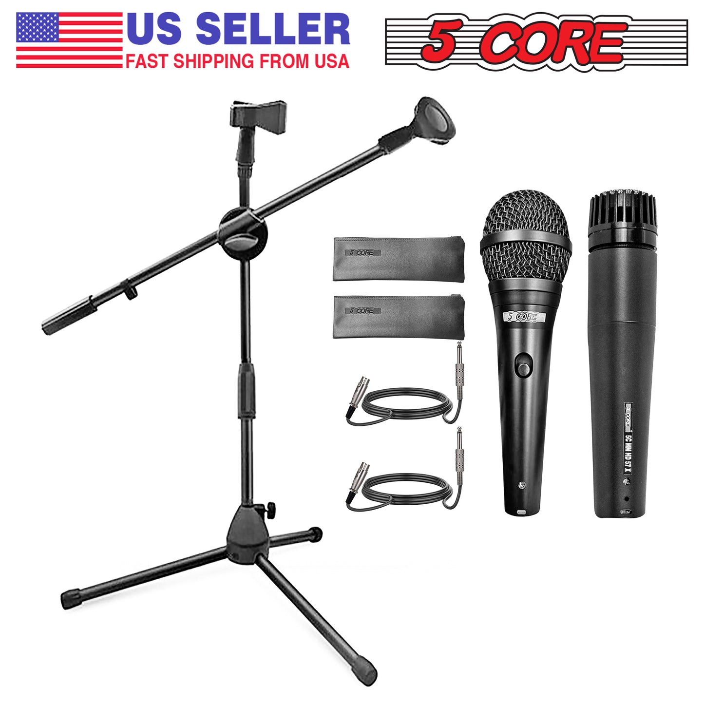 5 Core Dual Microphone Stand with Dynamic (2) Mic, (2) Mic Clips, XLR Cables, and Detachable Boom- MS DBL S +ND58 +ND57