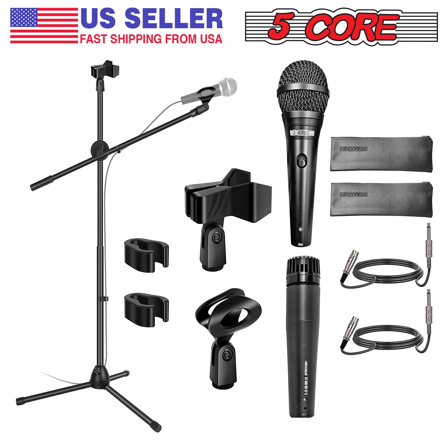 5Core Handheld Dynamic Microphone & Tripod Metal Stand Set  w 2 Vocal Wired Mic  XLR Cable