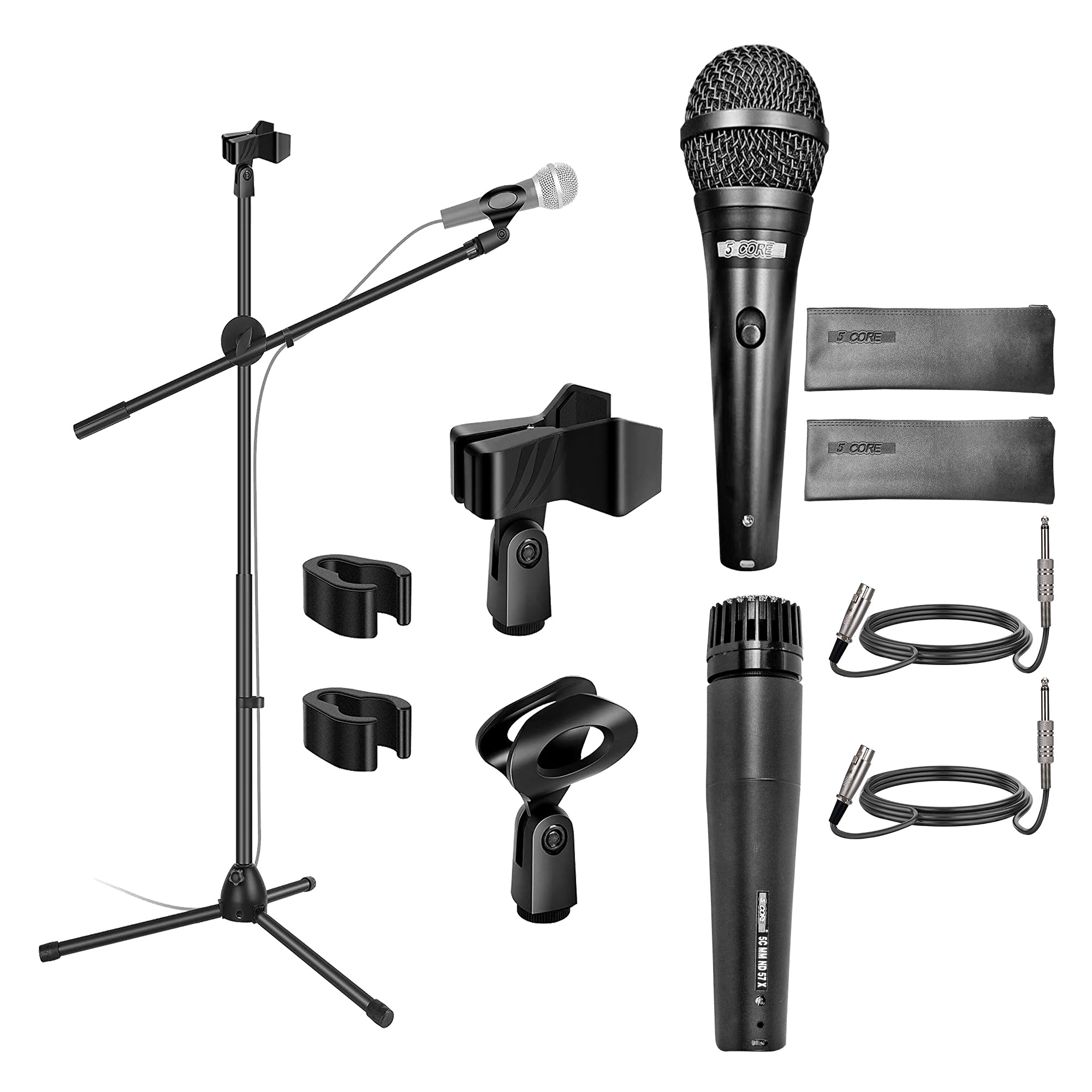 5 Core Dual Microphone Stand w Boom Arm Combo with Two Mics , Two Mic Clips / Holder Includes Two Carry Bag - MS DBL+ND58+ND57