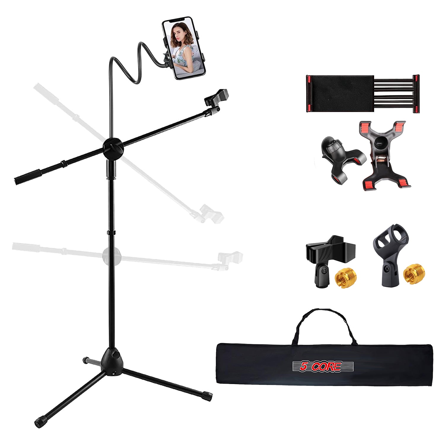 5 Core Tripod Mic Stand Phone Holder Height Adjustable