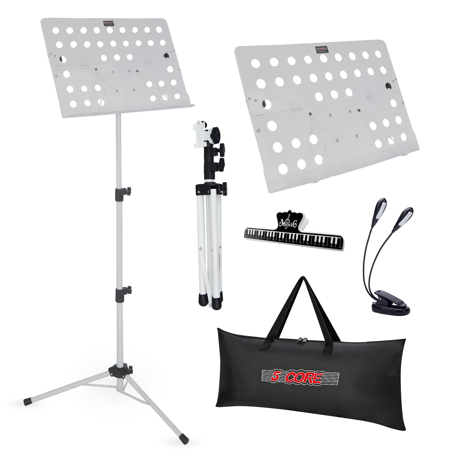 5Core Music Stand For Sheet Music Portable Tripod Adjustable Folding Note Holder White