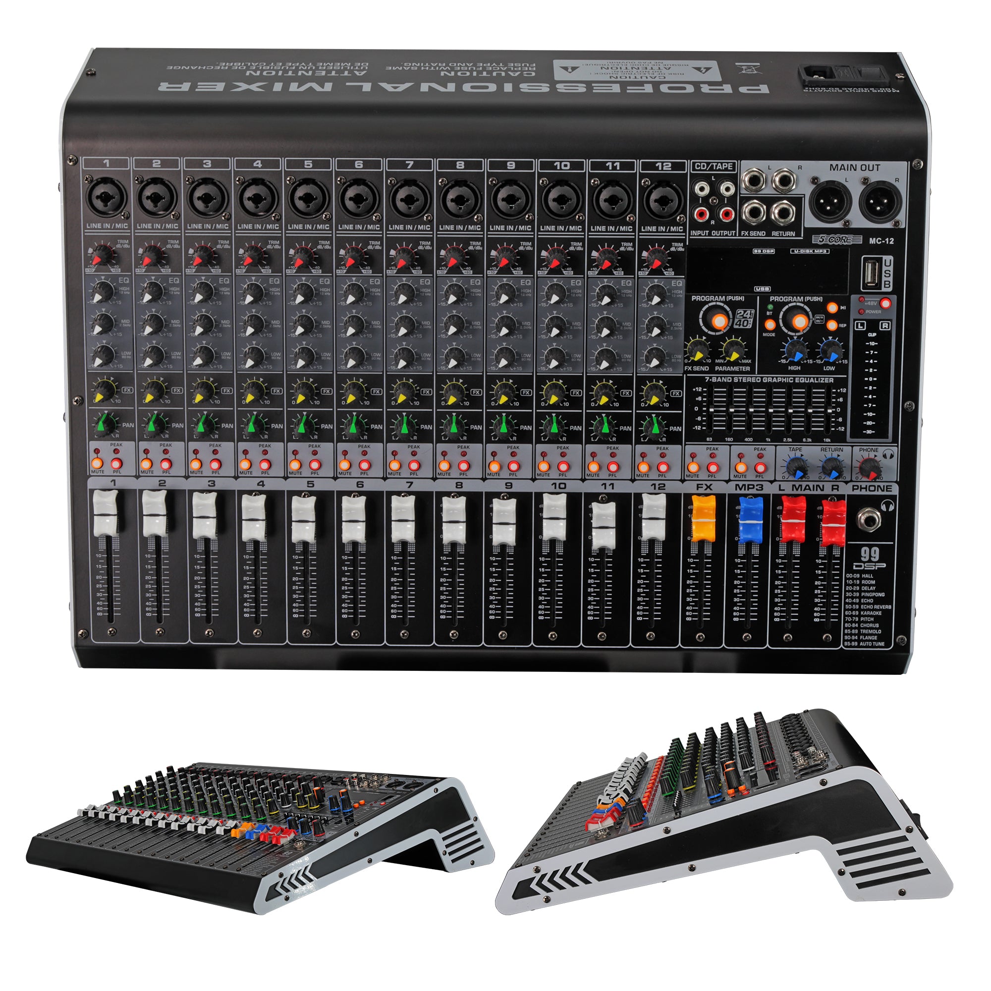 5 Core Audio Mixer 12 Channel DJ Equipment Digital Sound Board Karaoke XLR Mixers Professional Bluetooth USB Interface w Effects for Recording Music Studio PC Podcast Instrument Consola DJ - MX 12CH L