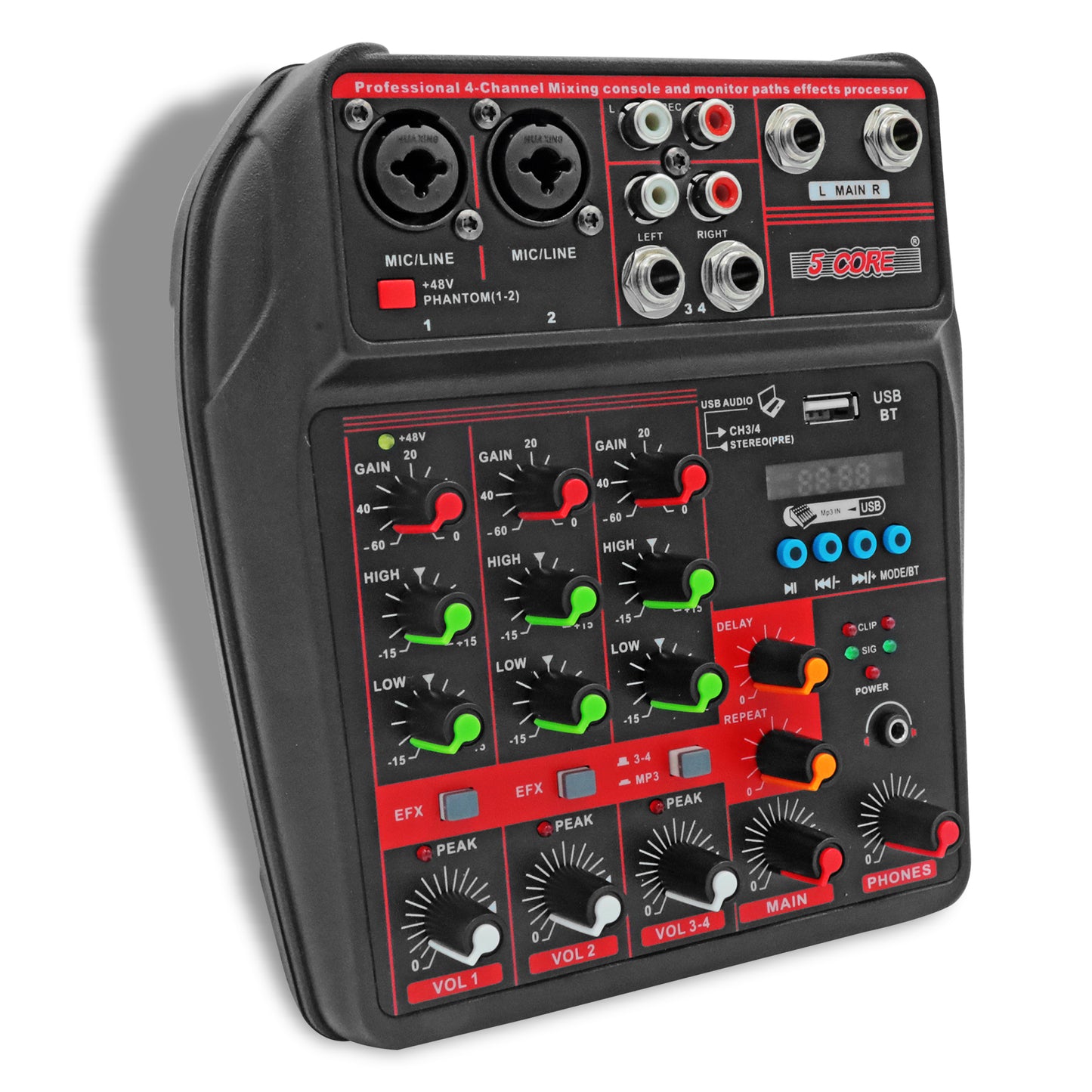 5 Core 4 Channel Compact Studio Mixer with Built-In Effects & USB Interface Bluetooth- Digital Mixer for Home Studio Recording, Podcast DJs and more MX 4CH