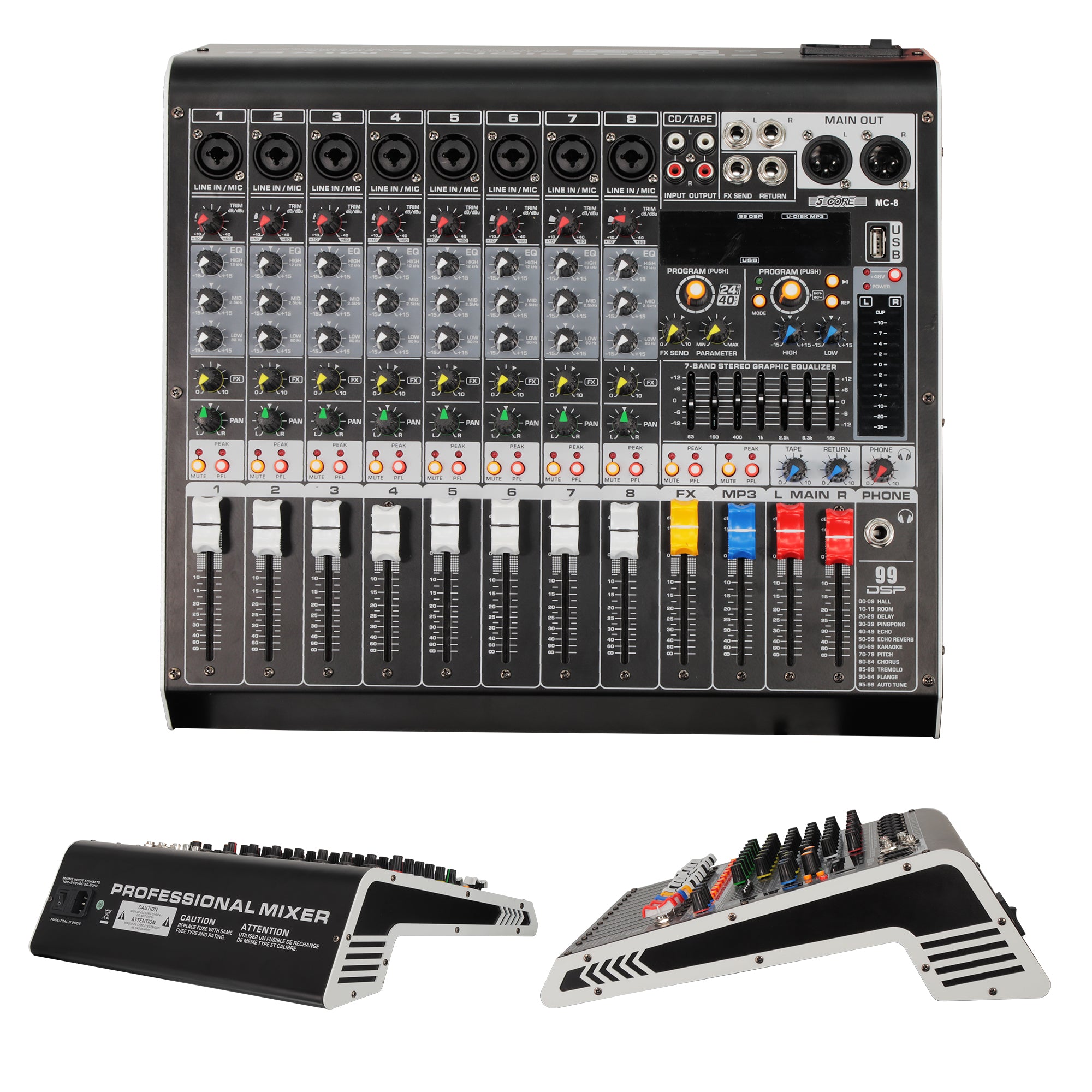 5 Core Audio DJ Mixer 8 Channel Professional Equipment Bluetooth USB Interface w Effects for Studio