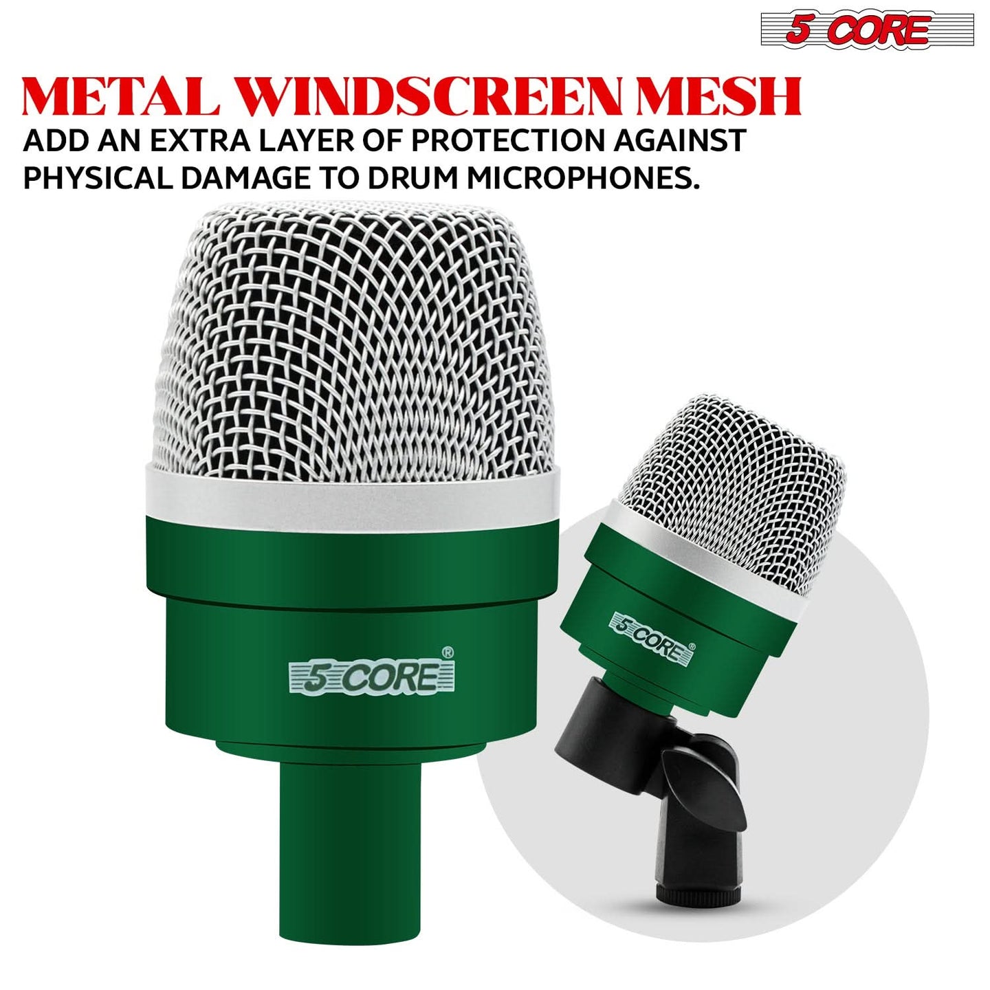 Durable drum microphone kit with a fine metal windscreen mesh for enhanced vocal and instrument clarity.