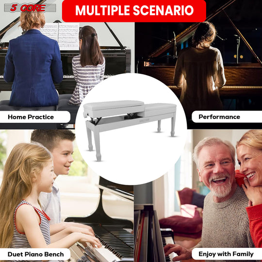 Multi-use duet piano bench, designed for versatility, offering comfortable seating for two while being perfect for various musical settings and styles