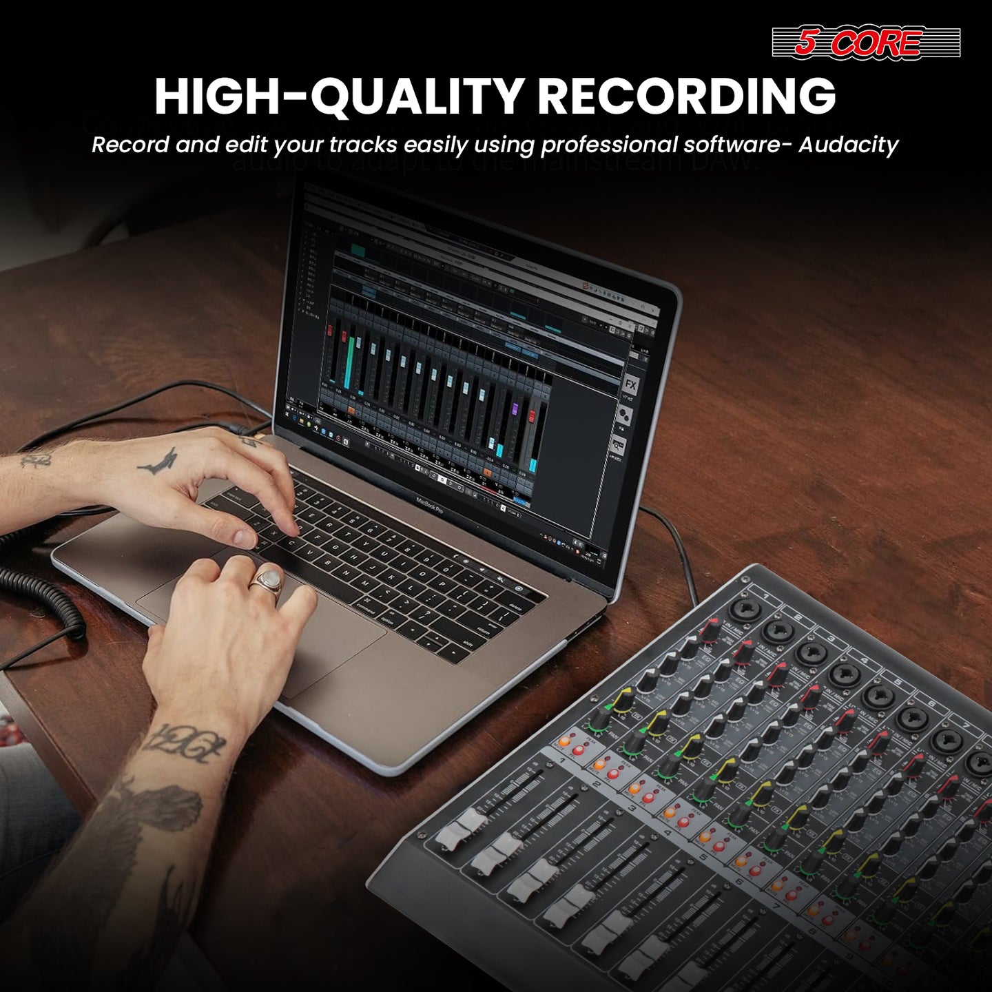 High-quality recording setup with an advanced sound board and DJ board, ensuring precise audio mixing and clarity with any PC