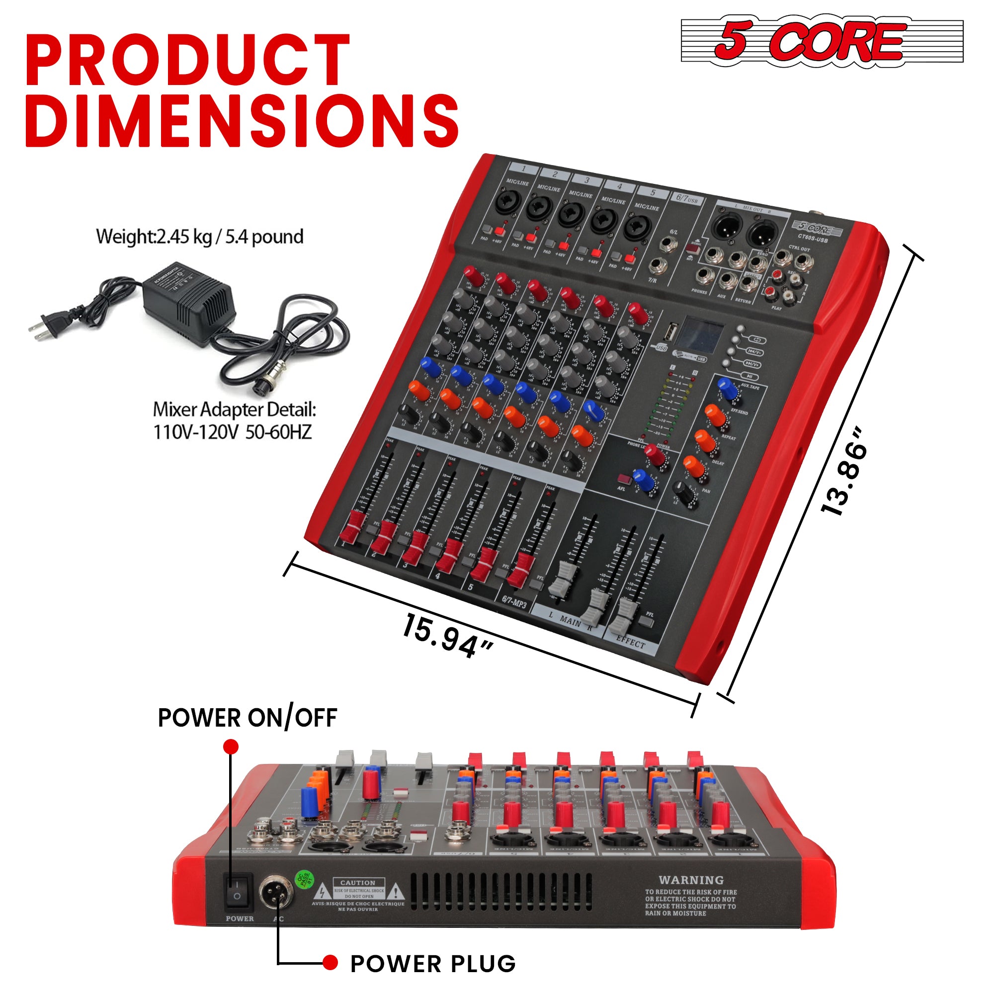 5 Core Audio Mixer 6 Channel DJ Controller Professional Sound Board  Bluetooth USB