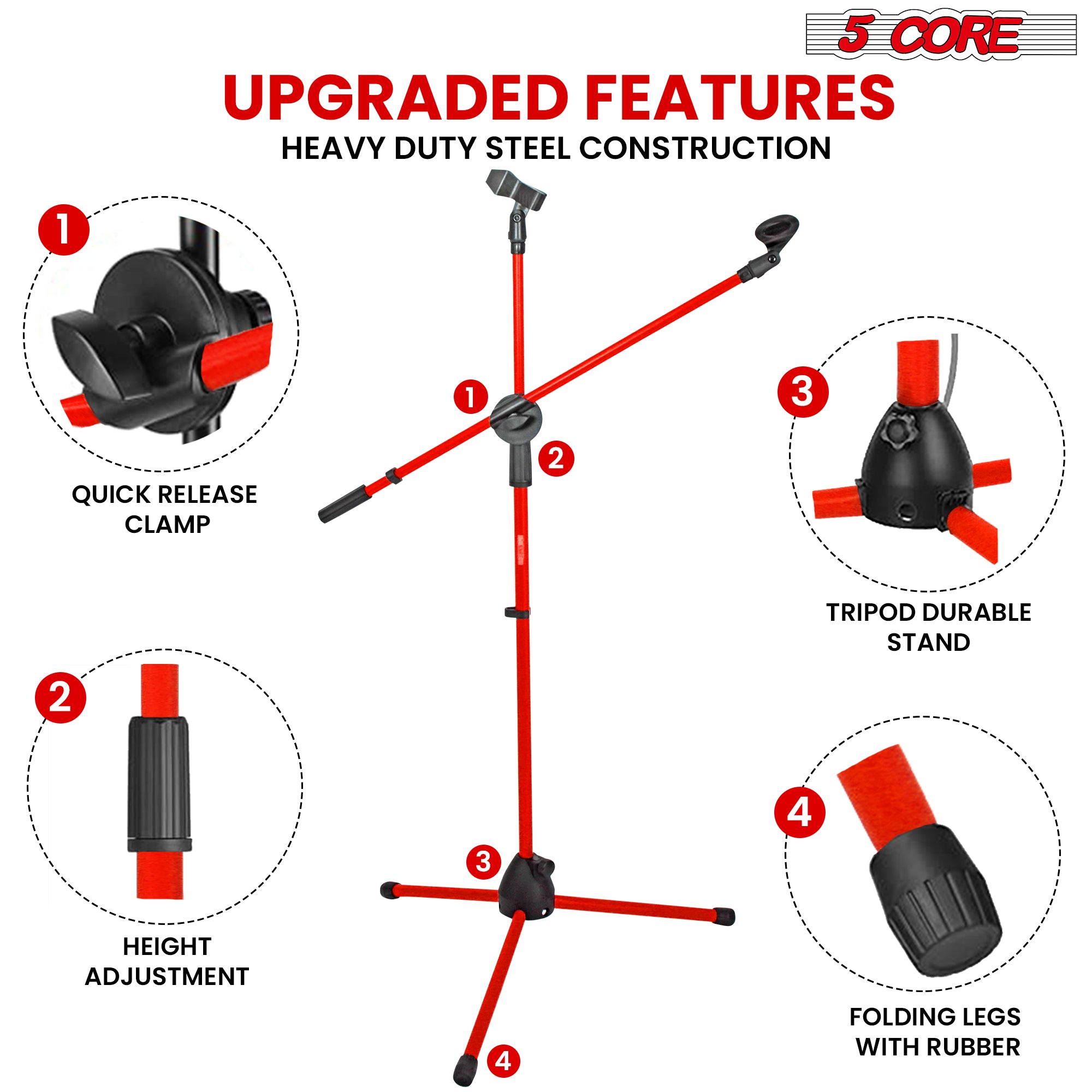 5 Core Mic Stand Collapsible Height Adjustable 31 to 59” Dual Metal Microphone Tripod Stand w Boom Arm Stand Para Microfono for Singing, Karaoke, Stage and Outdoor Activities 2Pc Red - MS DBL G Red 2pcs