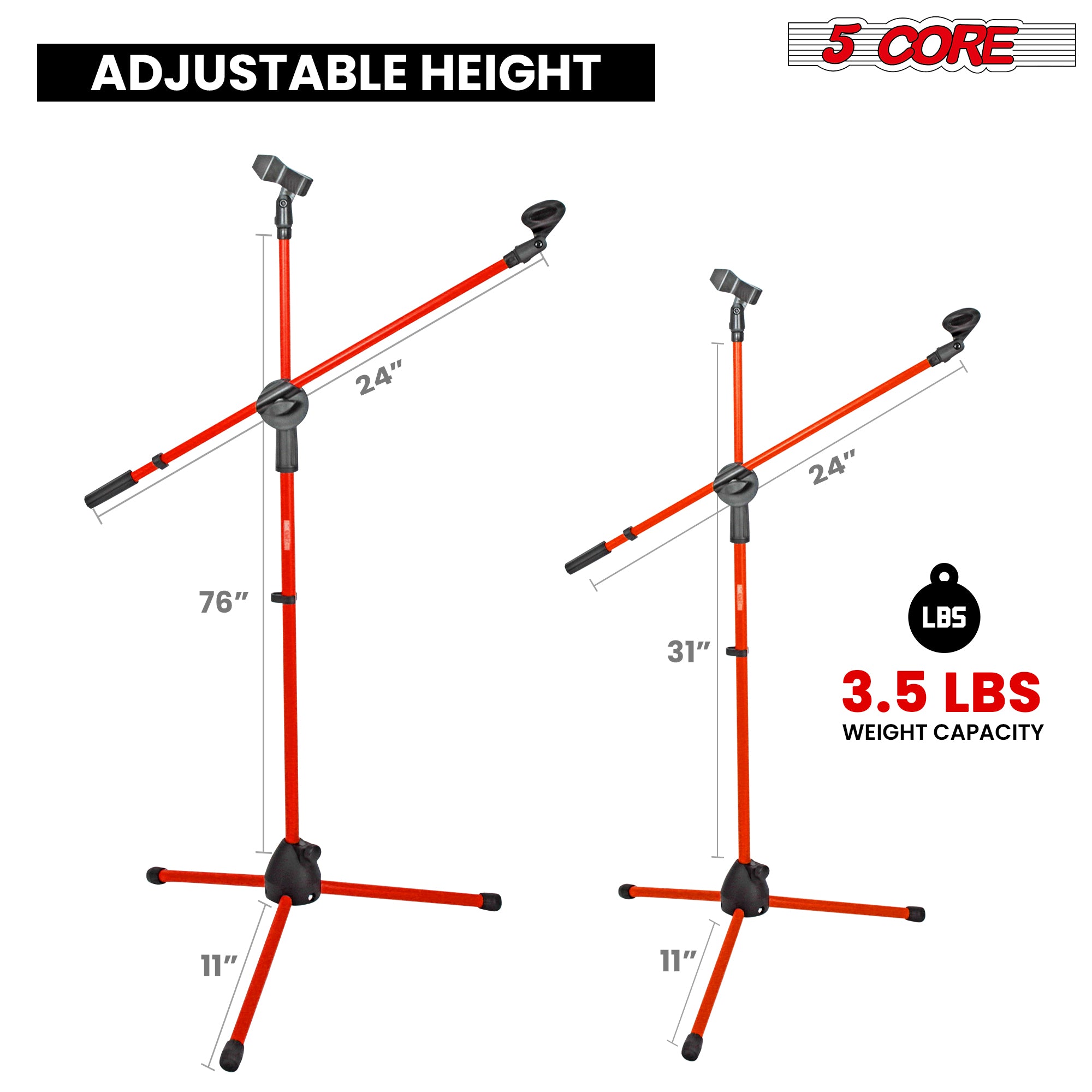 5 Core Mic Stand Collapsible Height Adjustable 31 to 59” Dual Metal Microphone Tripod Stand w Boom Arm Stand Para Microfono for Singing, Karaoke, Stage and Outdoor Activities 2Pc Red - MS DBL G Red 2pcs