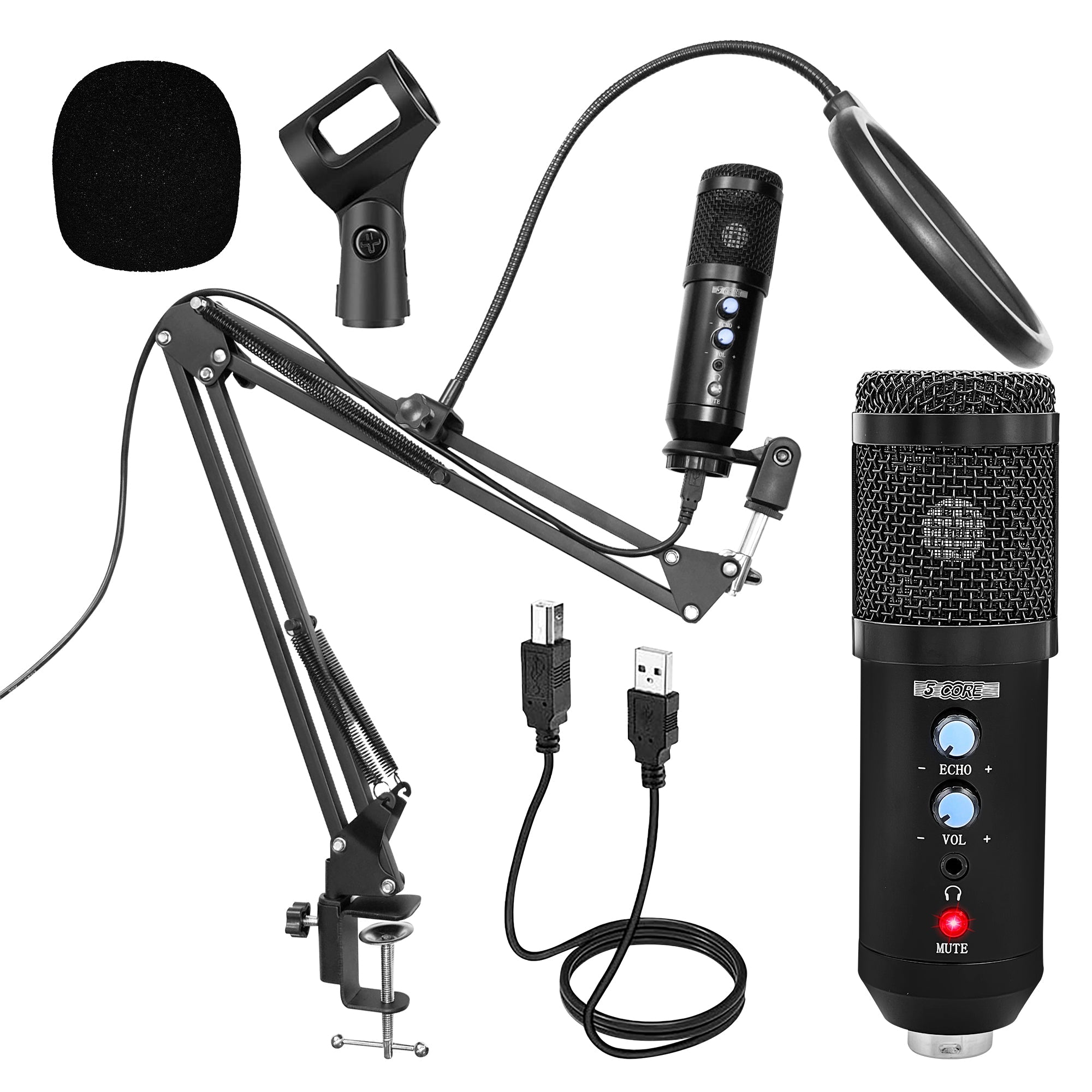 5 Core Podcast Microphone Bundle USB Condenser PC Mic Recording Studio Equipment Gaming Streaming