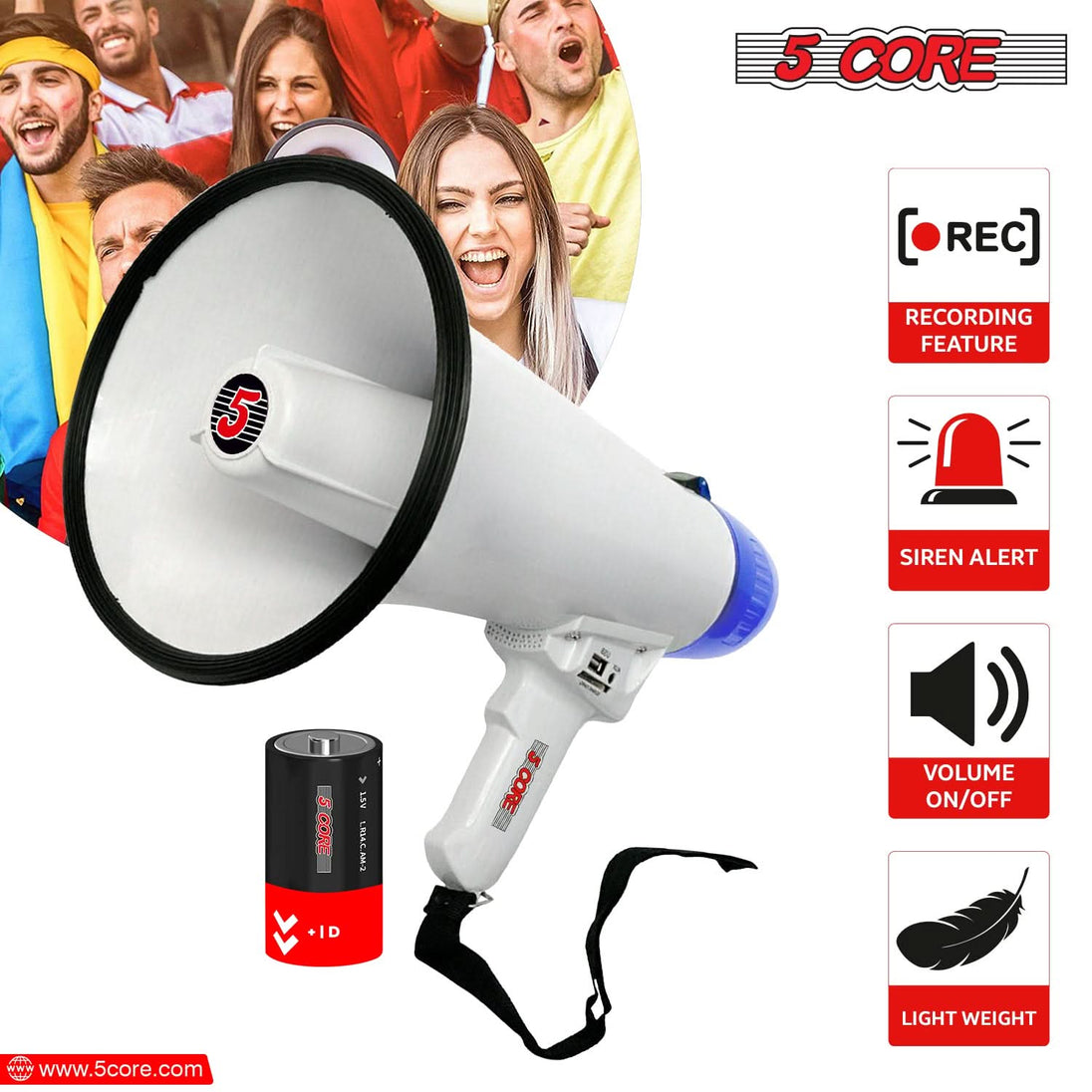 Bullhorn megaphone featuring a siren, record function, and adjustable volume, designed for diverse needs.