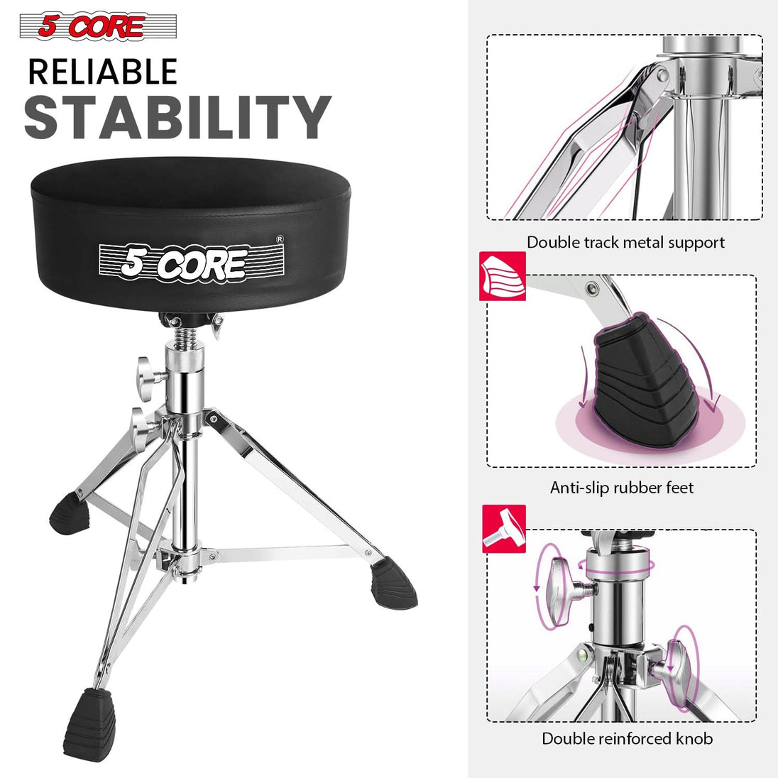 Adjustable drum throne with a cushioned seat, sturdy metal legs, and anti-slip rubber feet for stability.