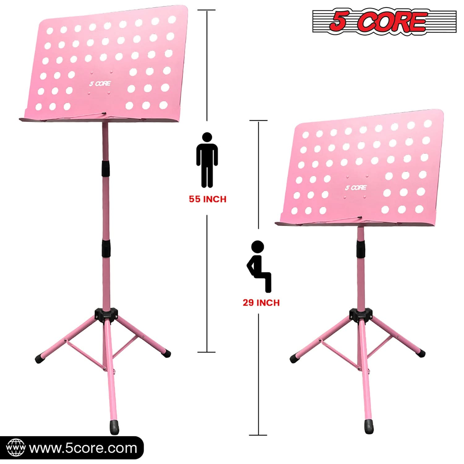 5Core Music Stand For Sheet Music Portable Tripod Adjustable Folding Note Holder PINK