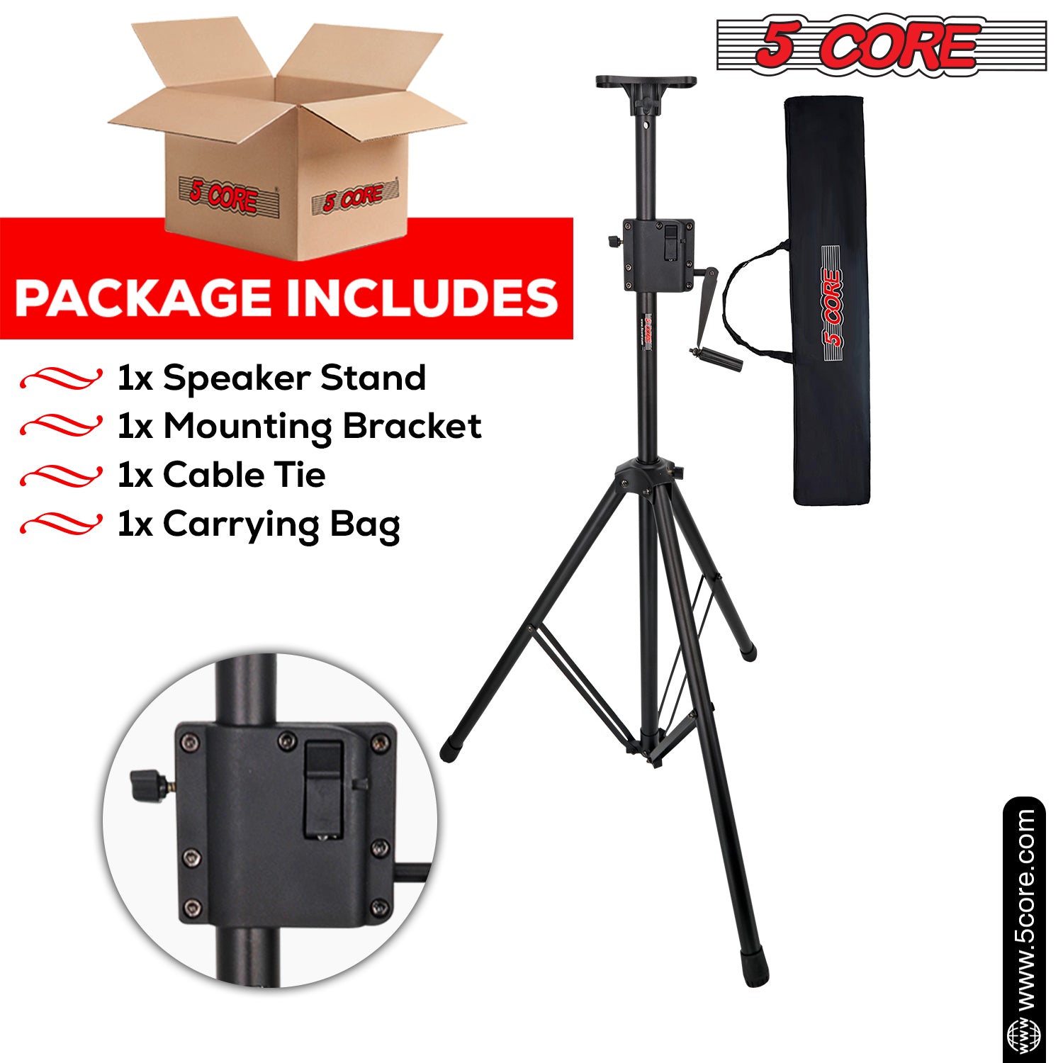 Speaker stand include mounting bracket, cable tie, carrying bag.