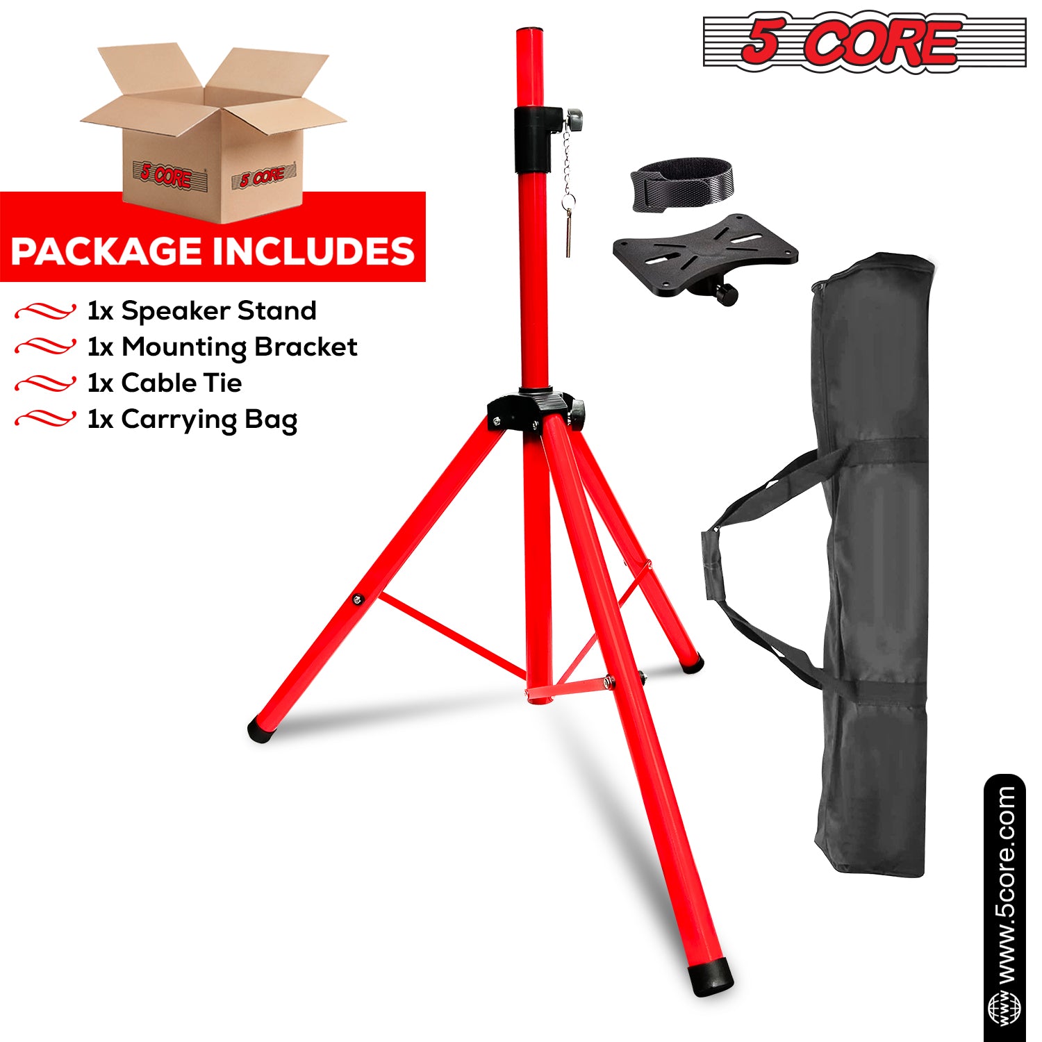Package includes stand, cable ties, bracket, carry bag