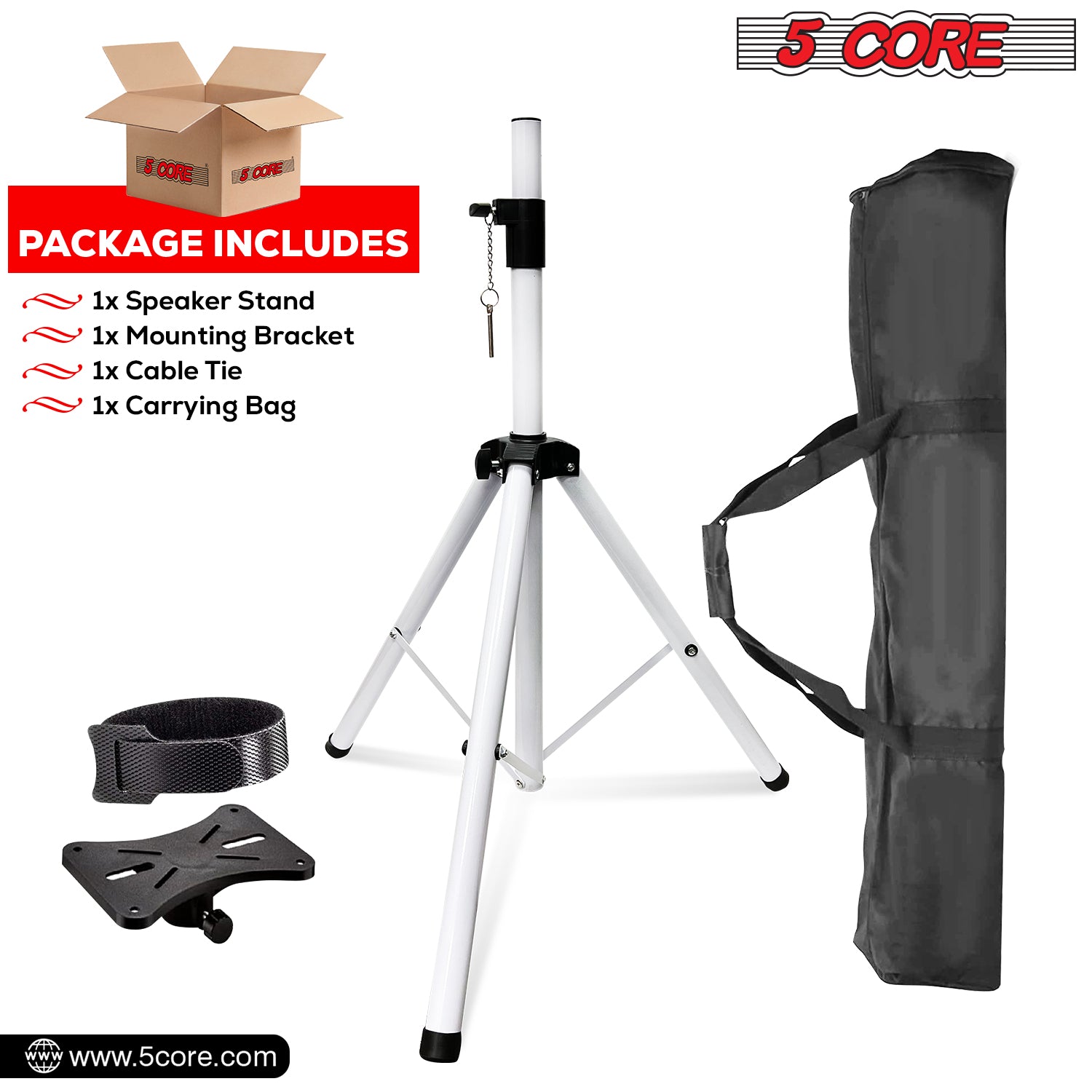 Package includes stand, cable ties, bracket, carry bag
