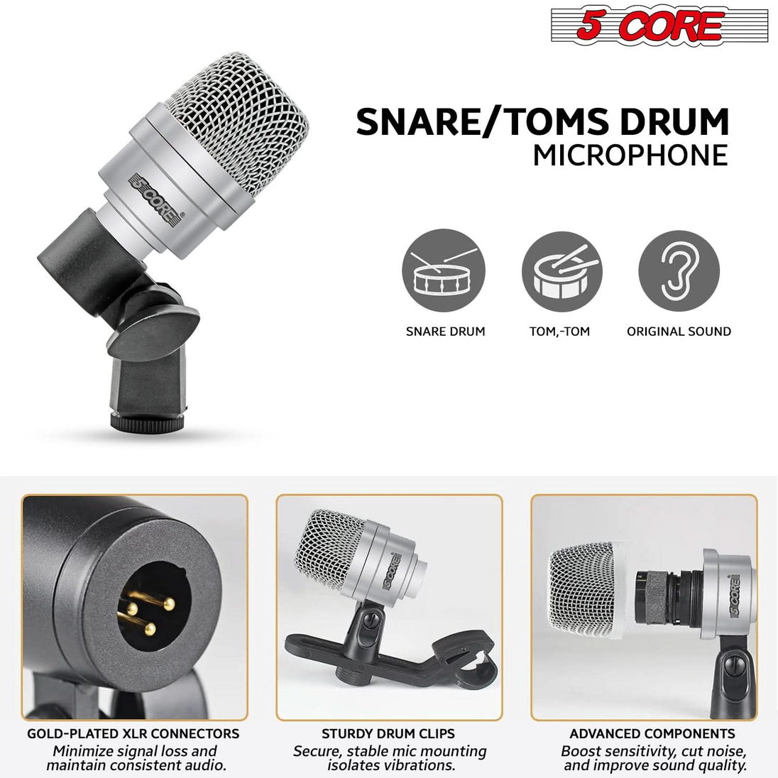 High-quality drum mic set featuring a snare/tom drum microphone for detailed audio.