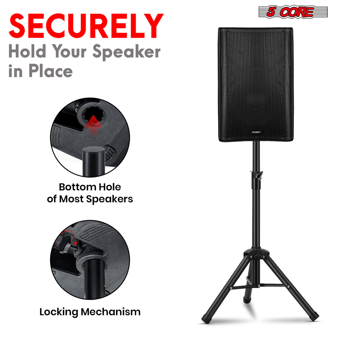 Speaker stand with secure locking mechanism and universal fit for most speakers with bottom holes.