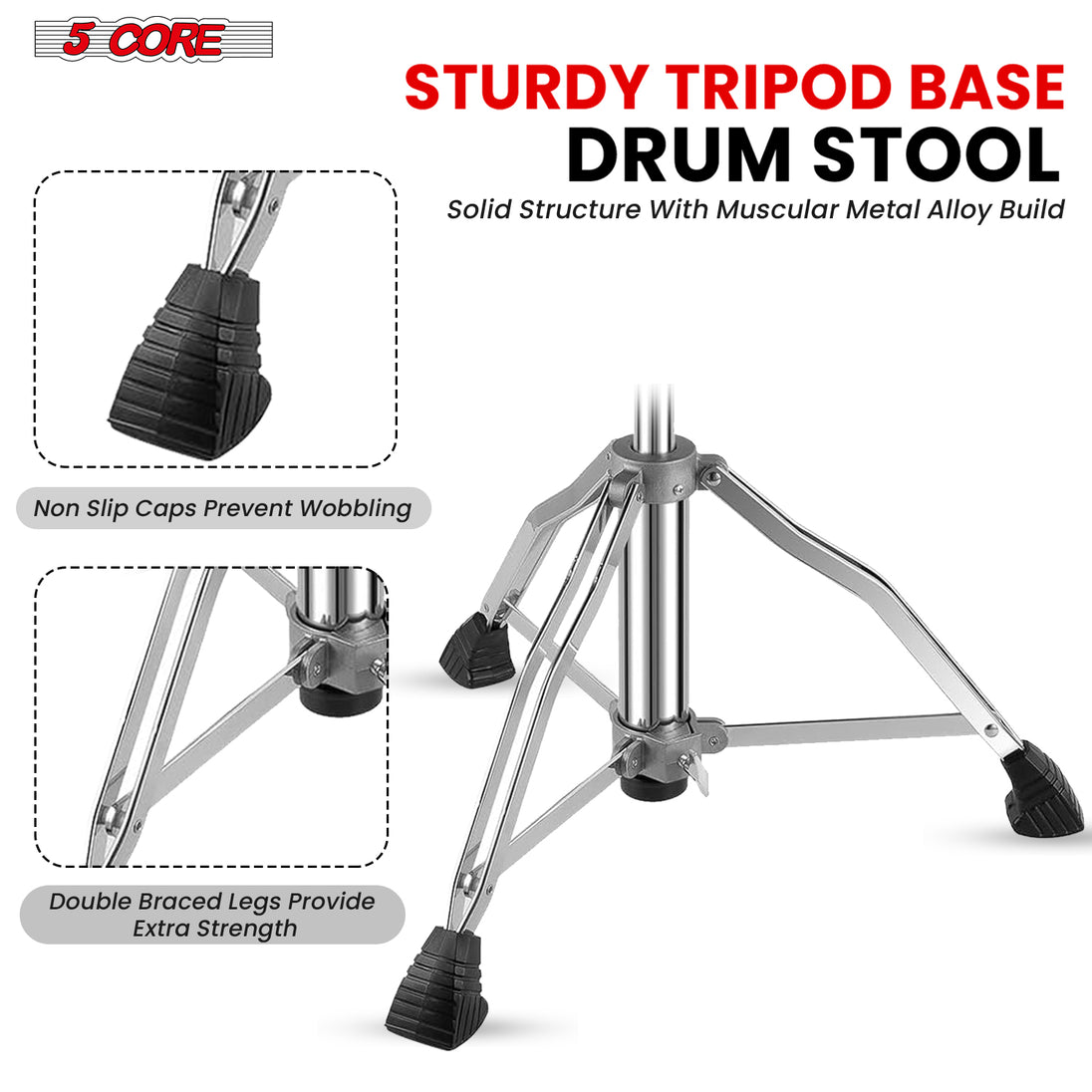 Sturdy tripod base drum stool with adjustable height, offering reliable support and balance for drumming sessions.