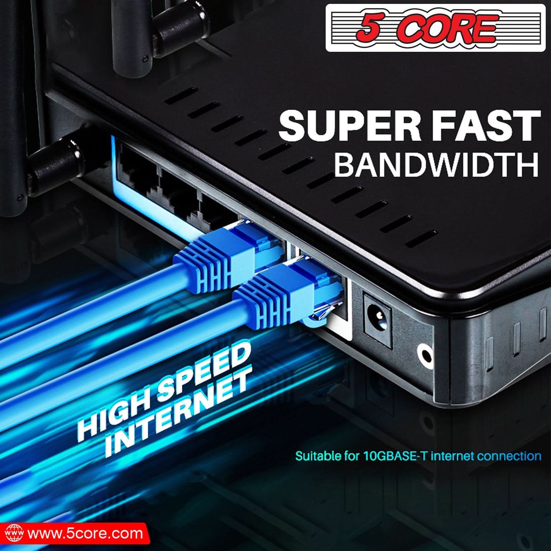 Durable router cord with 10Gbps capability for high-bandwidth networking.