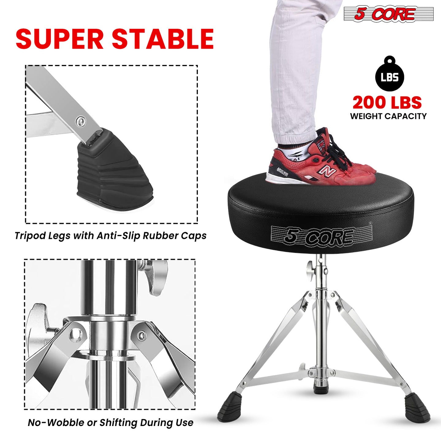 Super stable drum stool with a durable metal base, ergonomic cushioned seat, and anti-slip rubber feet.