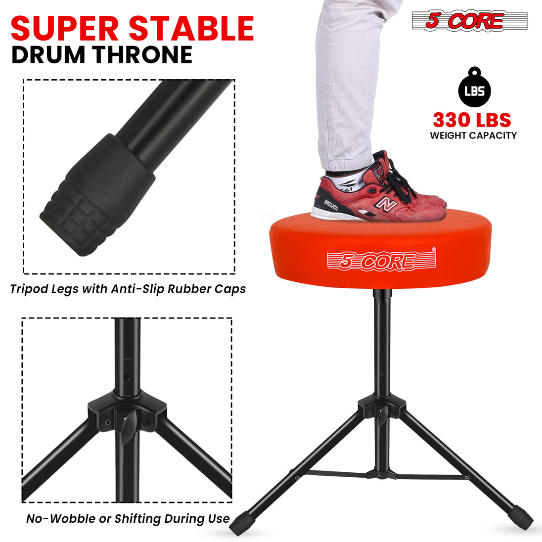 Enhanced drum accessories collection with a super stable saddle chair for secure and comfortable play.